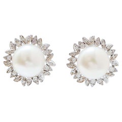 Vintage 13 Mm White Pearls, Diamonds, 14 Karat White Gold Earrings.