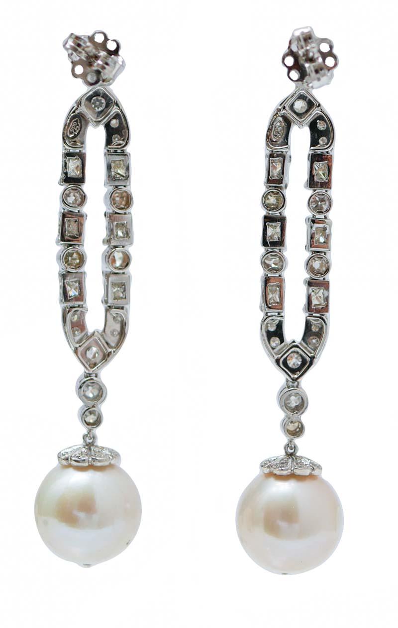Retro 13 Mm White Pearls, Diamonds, Platinum Earrings.