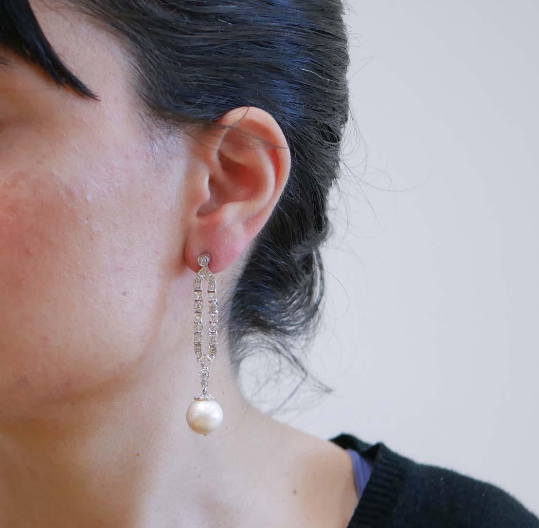 Mixed Cut 13 Mm White Pearls, Diamonds, Platinum Earrings.