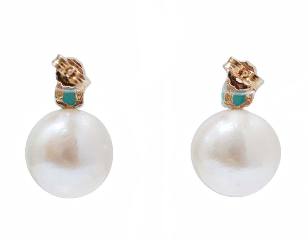 Retro 13 Mm White Pearls, Diamonds, Turquoise, 14 Karat Rose Gold Earrings.