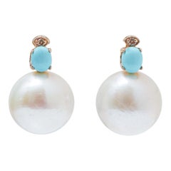 13 Mm White Pearls, Diamonds, Turquoise, 14 Karat Rose Gold Earrings.