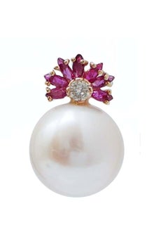 13 Mm White Pearls, Rubies, Diamonds, 14 Karat Rose Gold Earrings.