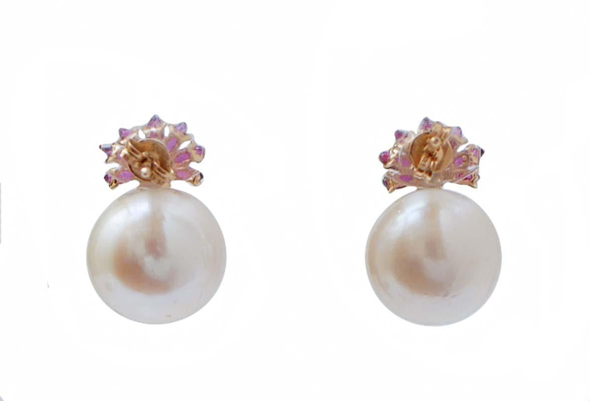 Retro 13 Mm White Pearls, Rubies, Diamonds, 14 Karat Rose Gold Earrings.