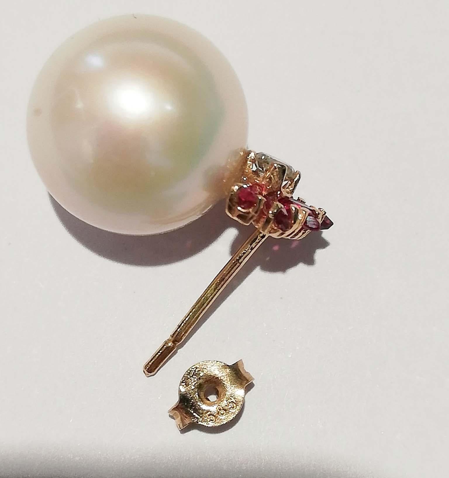 Women's 13 Mm White Pearls, Rubies, Diamonds, 14 Karat Rose Gold Earrings.
