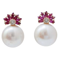 13 Mm White Pearls, Rubies, Diamonds, 14 Karat Rose Gold Earrings.