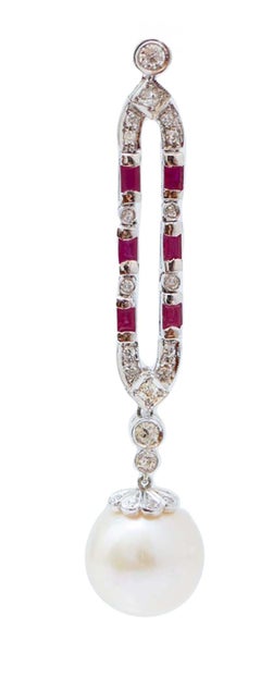13 Mm White Pearls, Rubies, Diamonds, Platinum Earrings.
