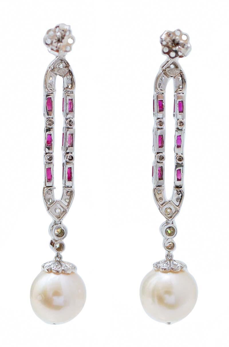 13 Mm White Pearls, Rubies, Diamonds, Platinum Earrings. (Retro) im Angebot