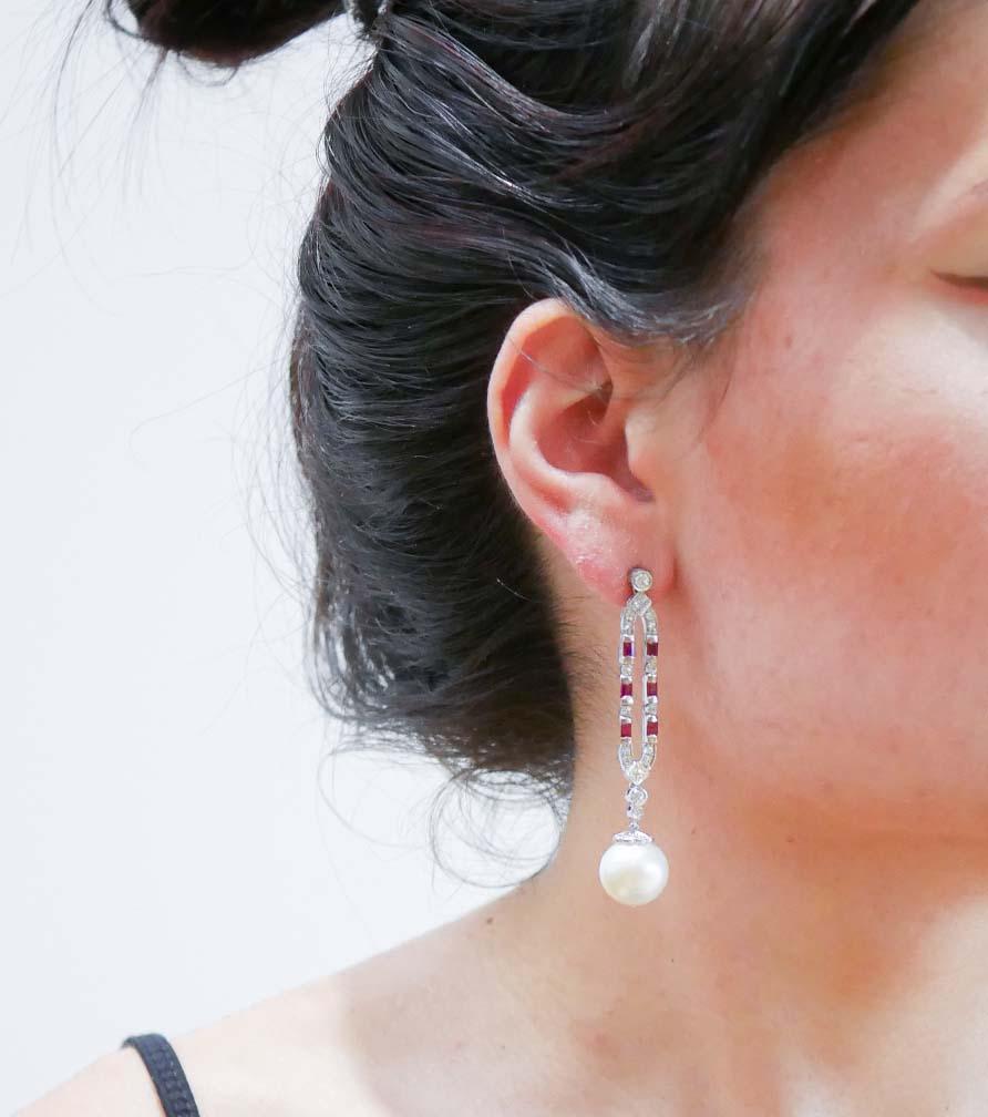 13 Mm White Pearls, Rubies, Diamonds, Platinum Earrings. (Gemischter Schliff) im Angebot