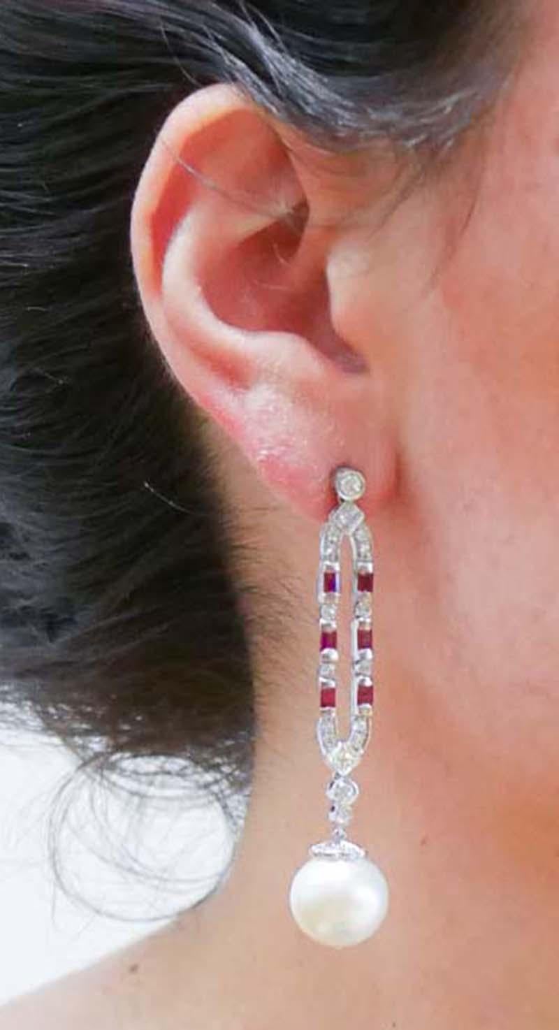 13 Mm White Pearls, Rubies, Diamonds, Platinum Earrings. im Zustand „Gut“ im Angebot in Marcianise, Marcianise (CE)