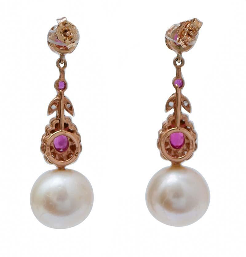 Retro 13 Mm White Pearls, Rubies, Diamonds, Rose Gold and Silver Earrings.