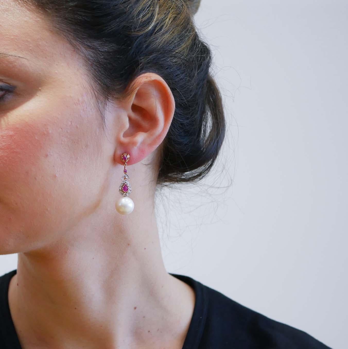 Mixed Cut 13 Mm White Pearls, Rubies, Diamonds, Rose Gold and Silver Earrings.