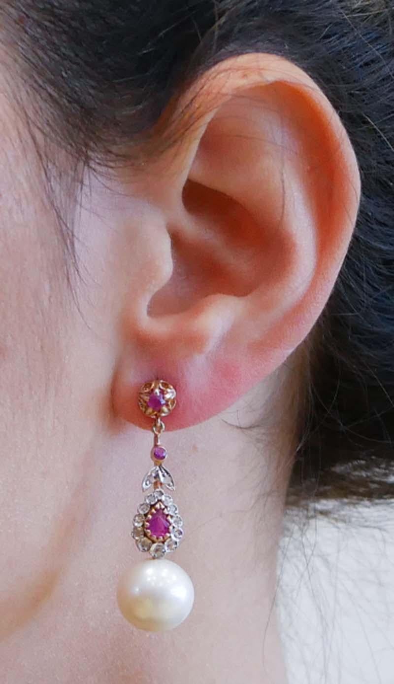 13 Mm White Pearls, Rubies, Diamonds, Rose Gold and Silver Earrings. In New Condition In Marcianise, Marcianise (CE)
