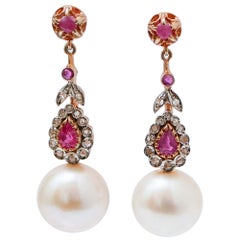 13 Mm White Pearls, Rubies, Diamonds, Rose Gold and Silver Earrings.