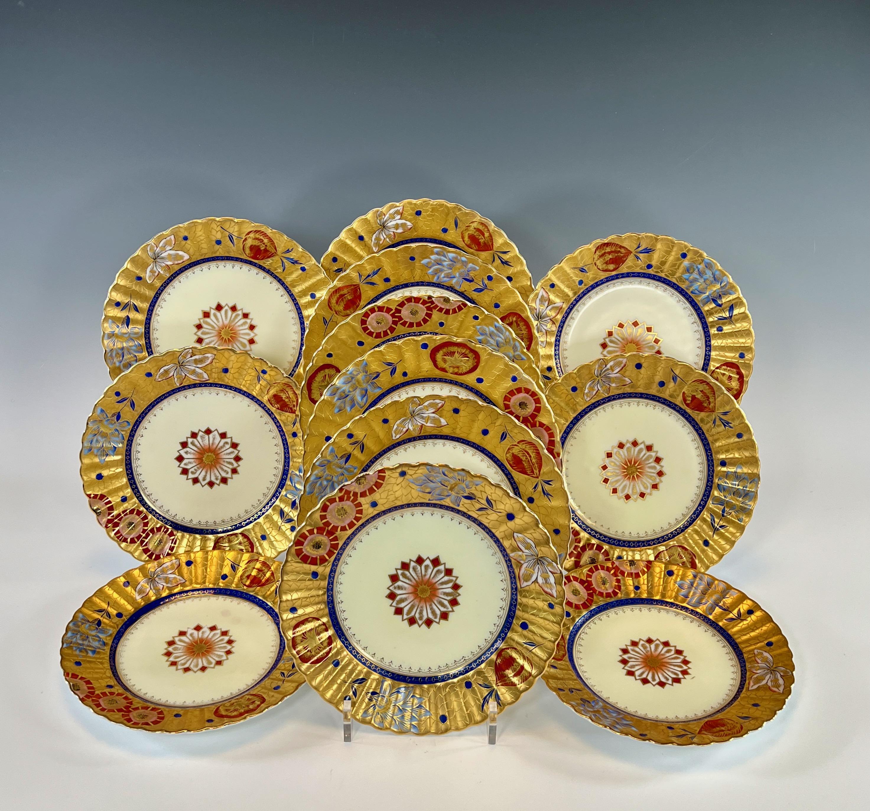 This exceptional 13 piece service exhibits all of the artistic elements of the Aesthetic Movement. Both the fan shaped borders and sizes are unusual and the decoration is both exotic and evocative of the popular Asian influence of the period. The