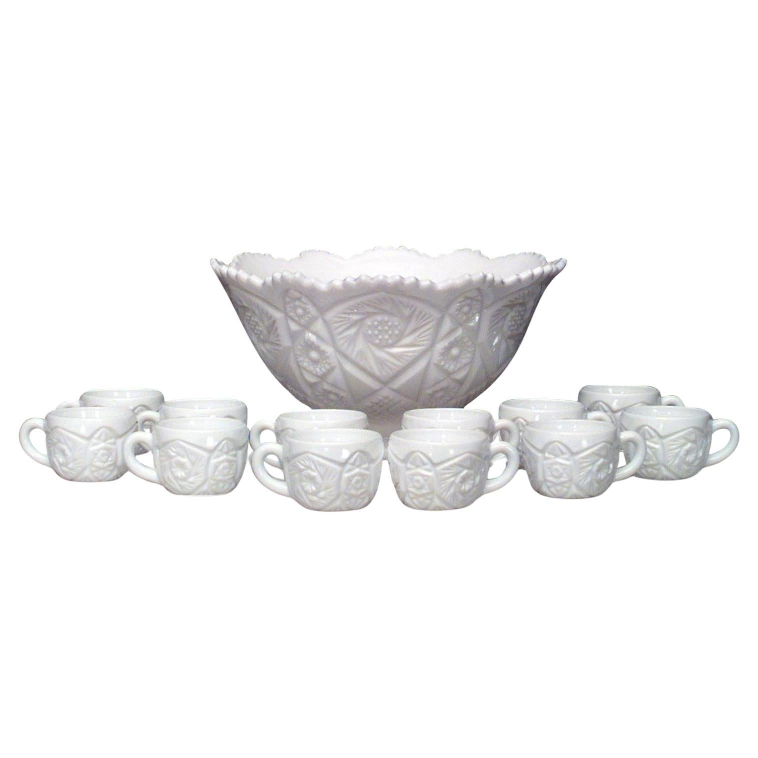 13-Piece American Art Deco Imperial Milk Glass Punch Bowl Set