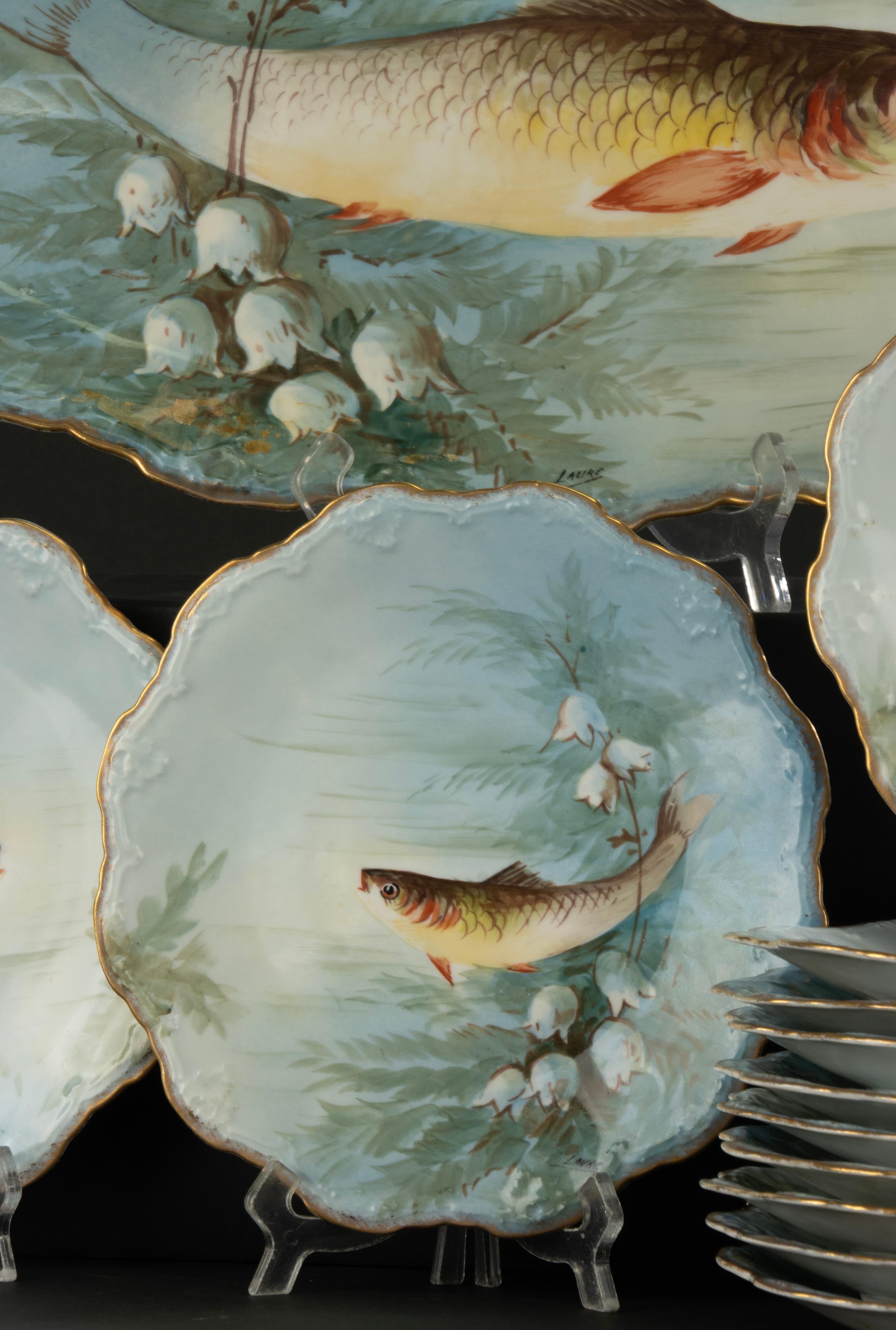 Hand-Painted 13-Piece Antique Porcelain Fish Service - Limoges