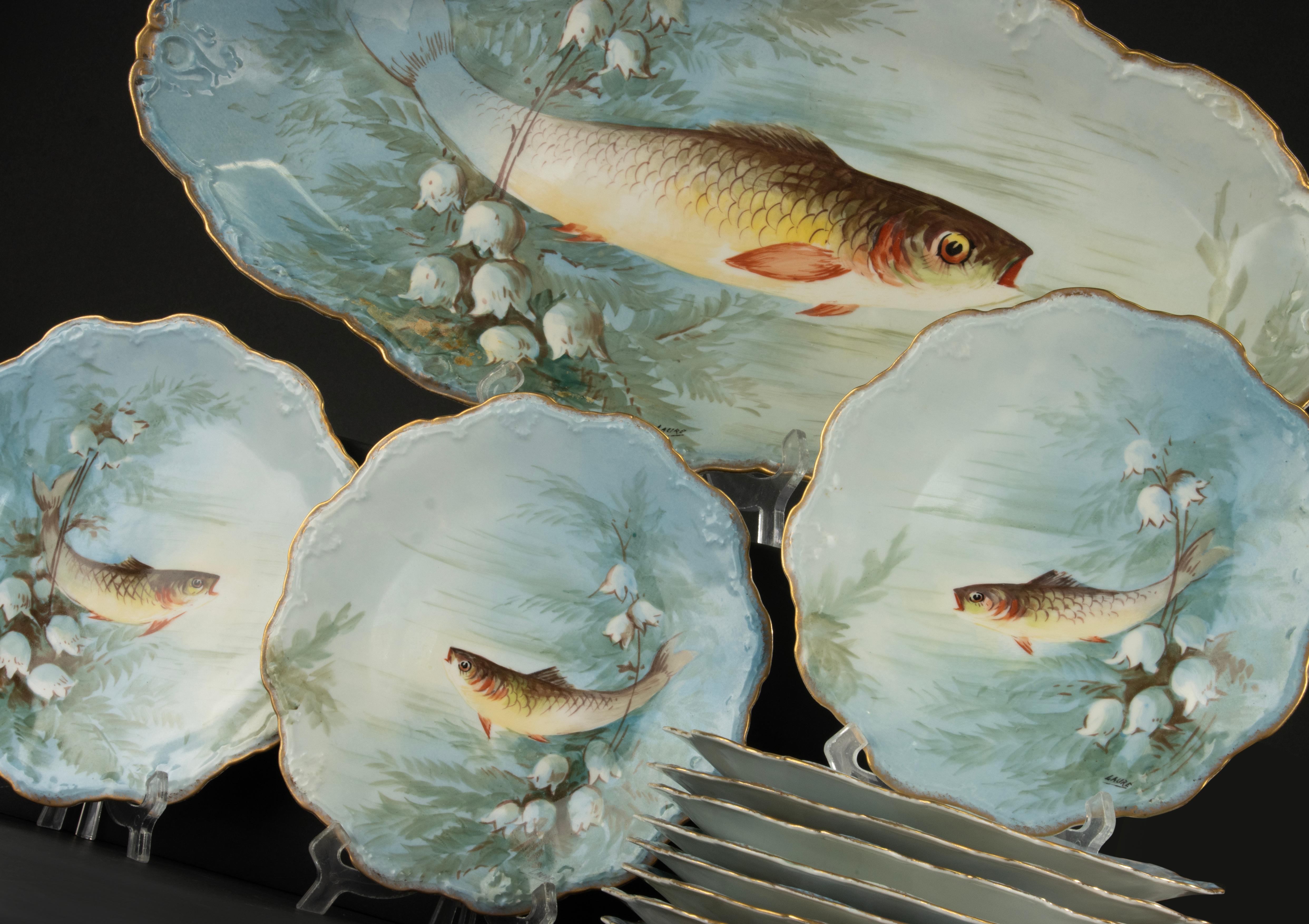 Late 19th Century 13-Piece Antique Porcelain Fish Service - Limoges