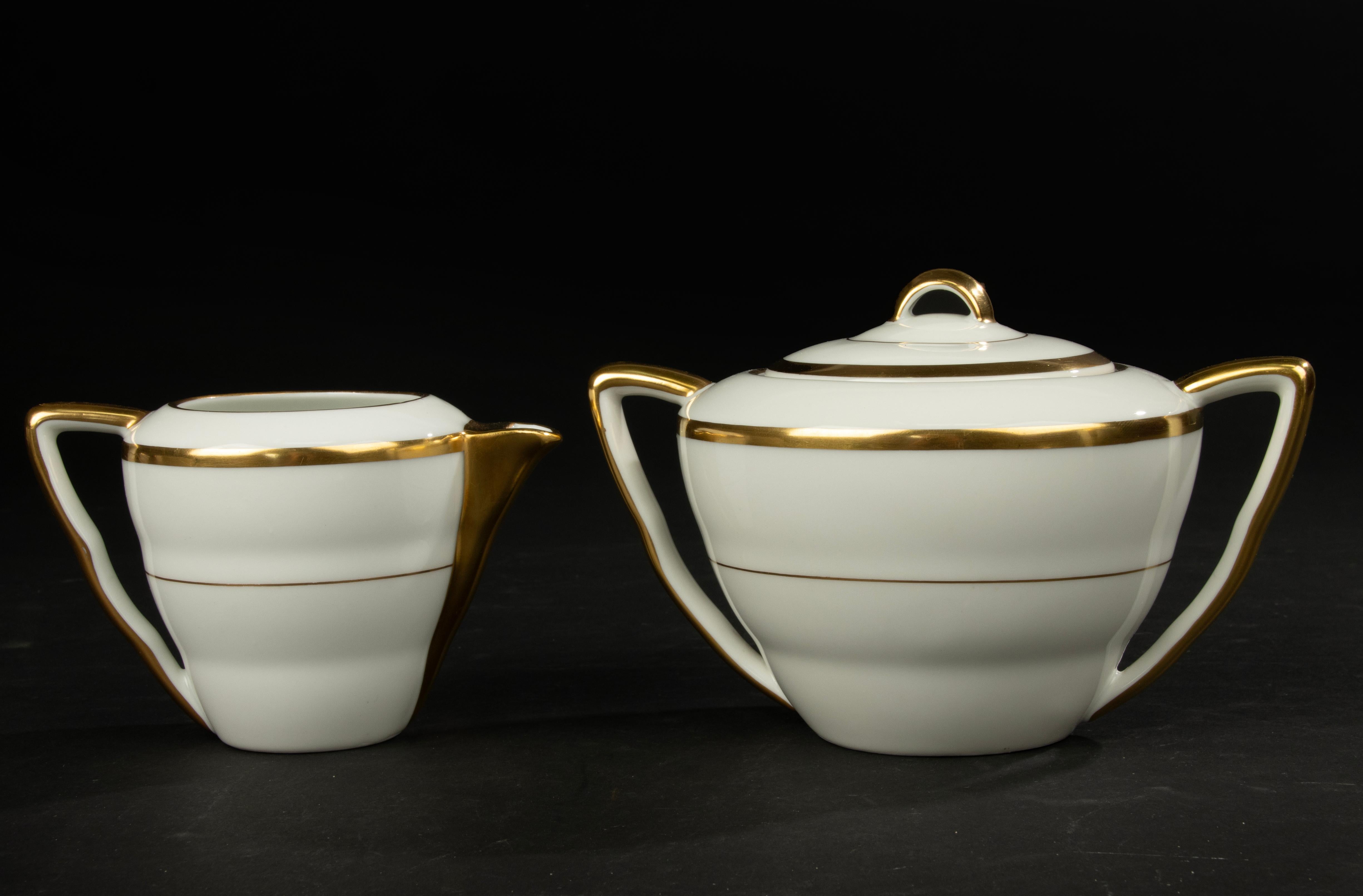 13-Piece Art Deco Tea Set - Limoges Porcelain - White and Gold For Sale 12