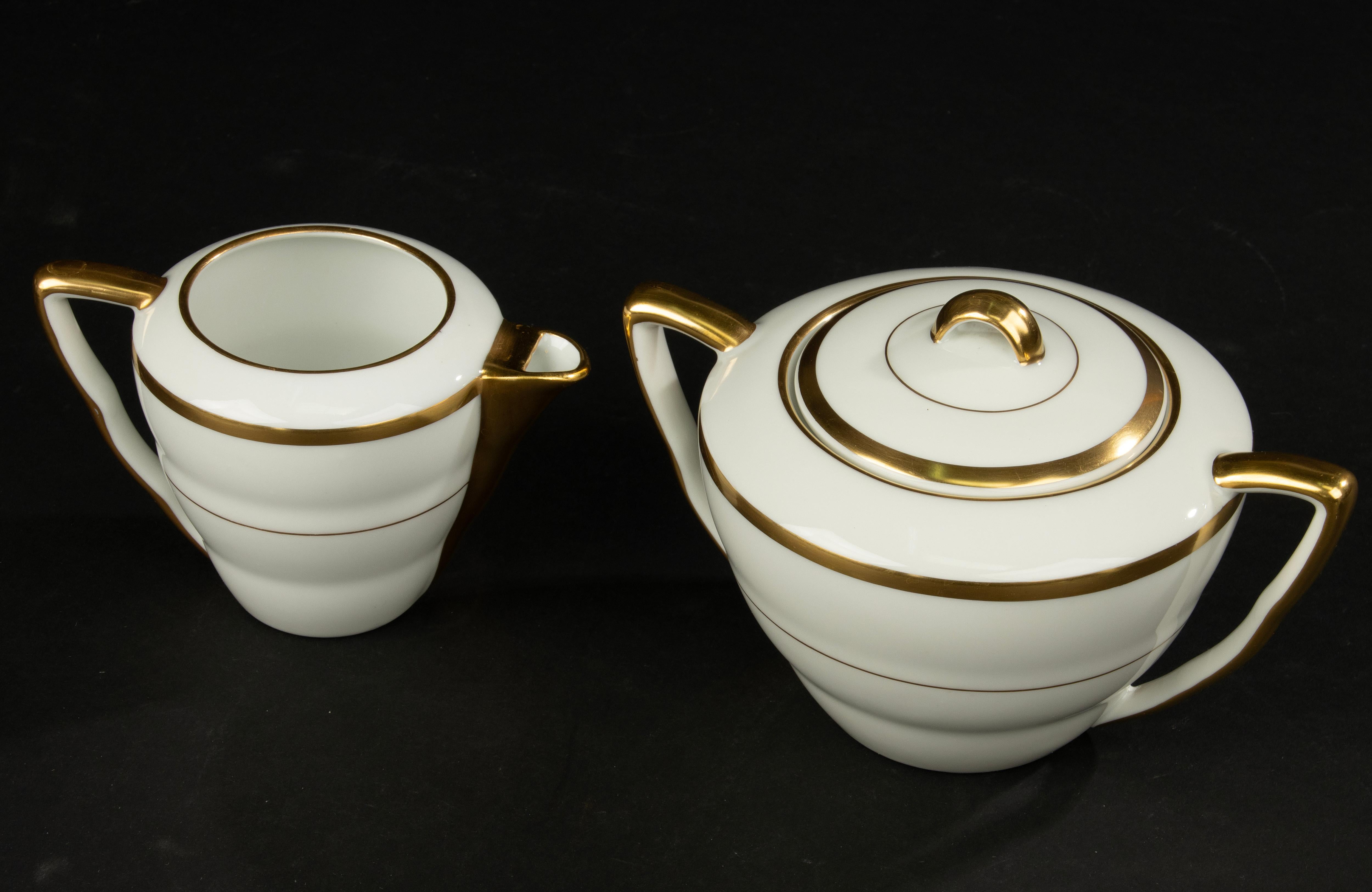 13-Piece Art Deco Tea Set - Limoges Porcelain - White and Gold For Sale 13