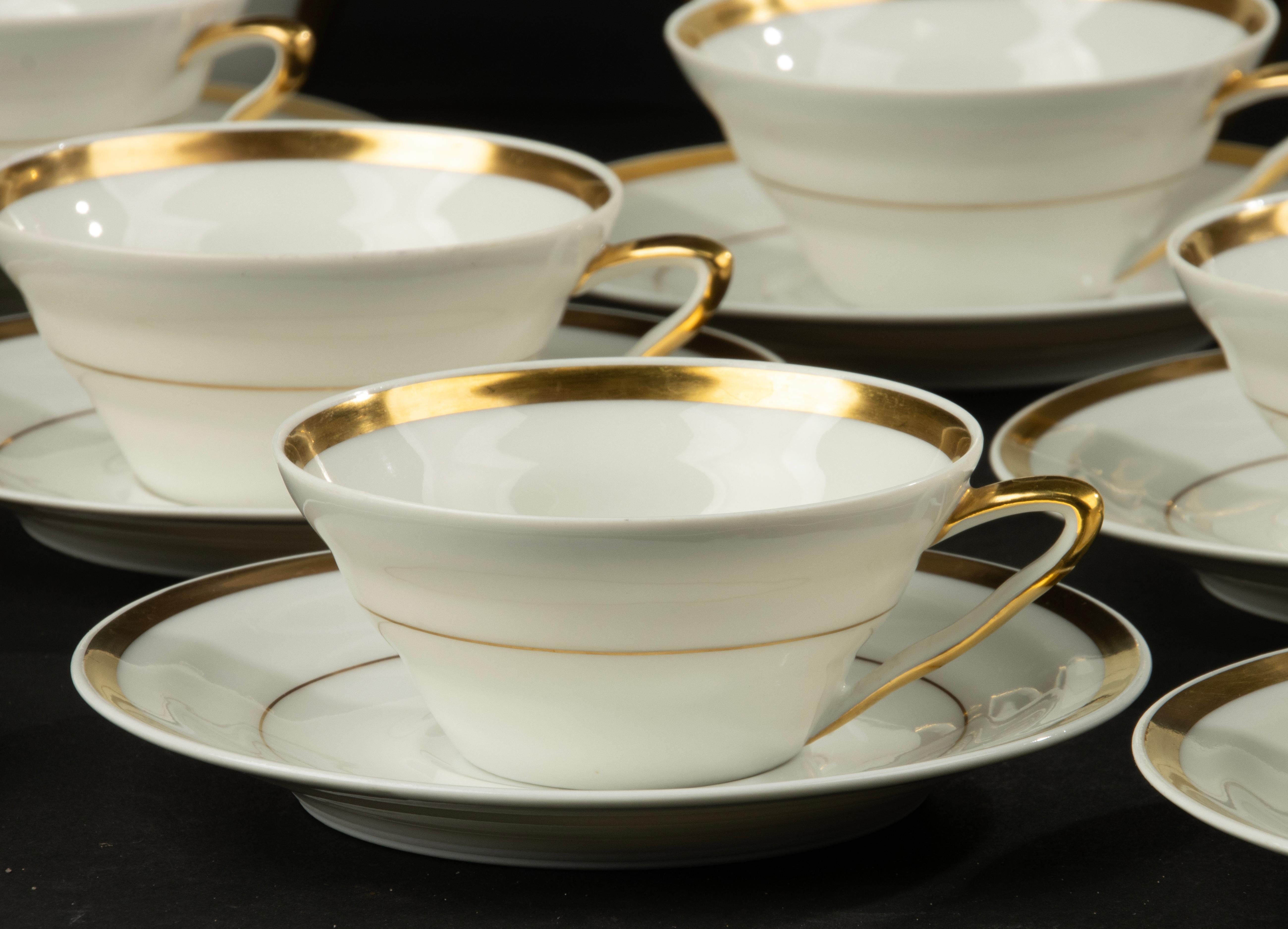 French 13-Piece Art Deco Tea Set - Limoges Porcelain - White and Gold For Sale