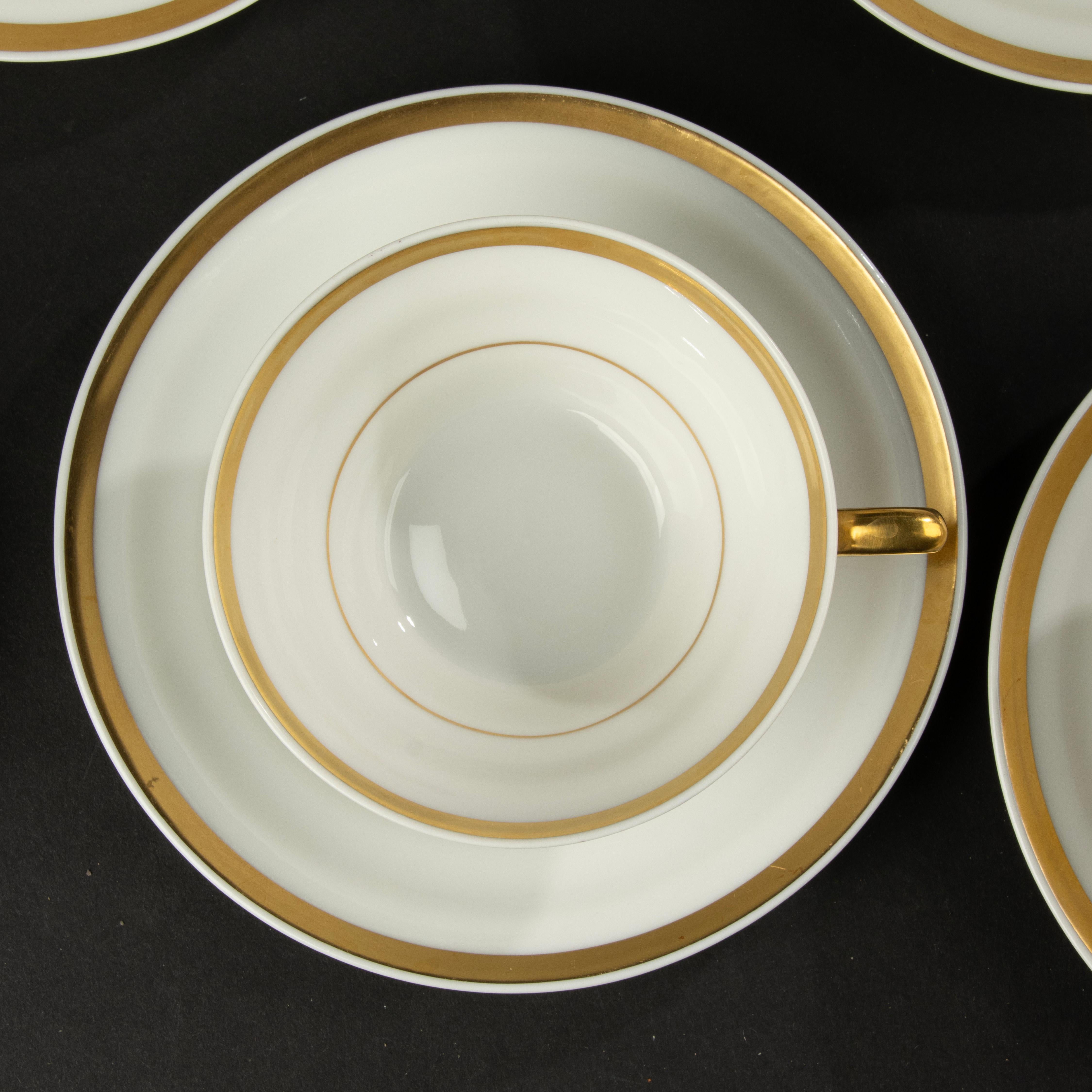 Hand-Crafted 13-Piece Art Deco Tea Set - Limoges Porcelain - White and Gold For Sale