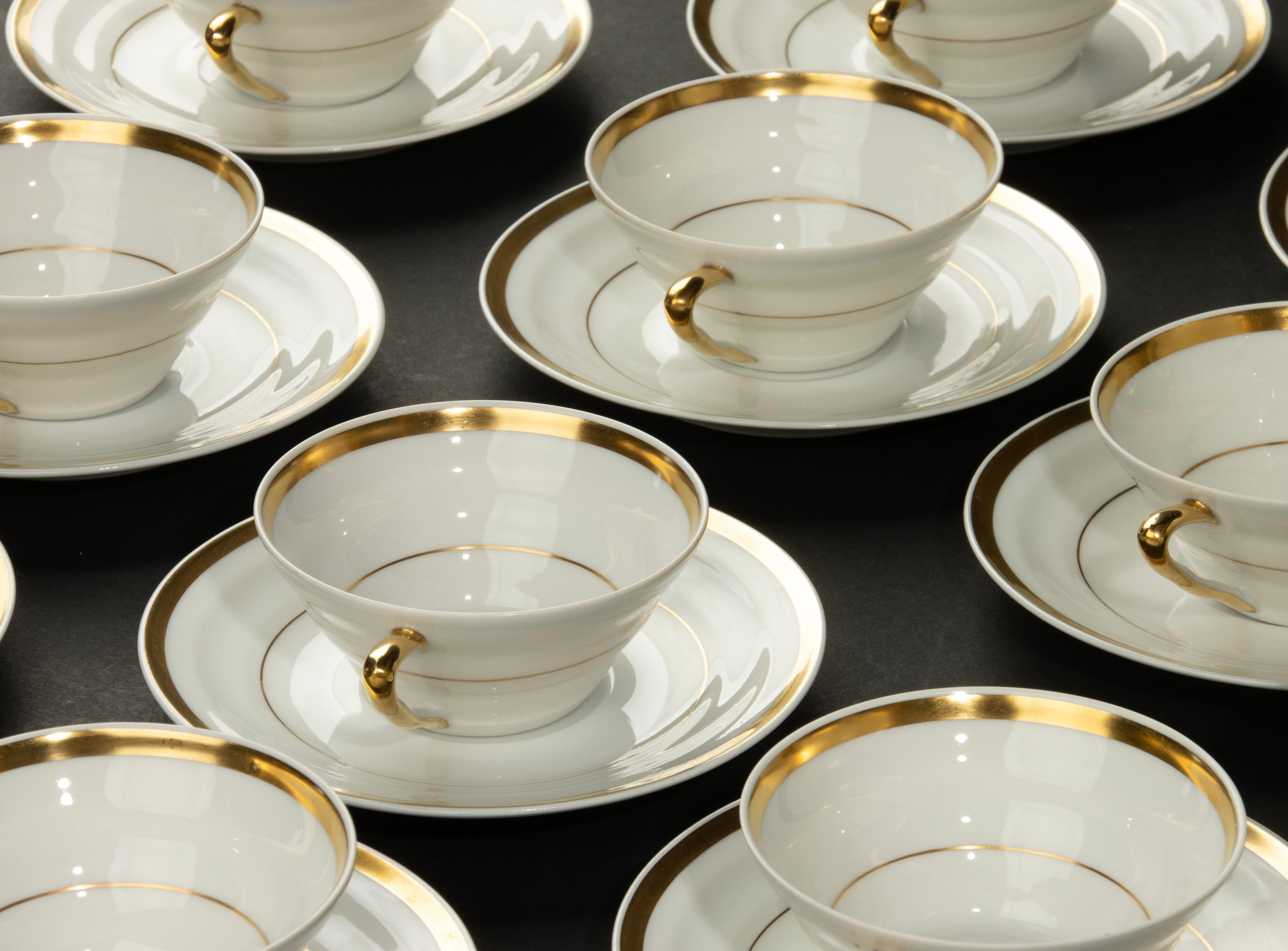 Early 20th Century 13-Piece Art Deco Tea Set - Limoges Porcelain - White and Gold For Sale