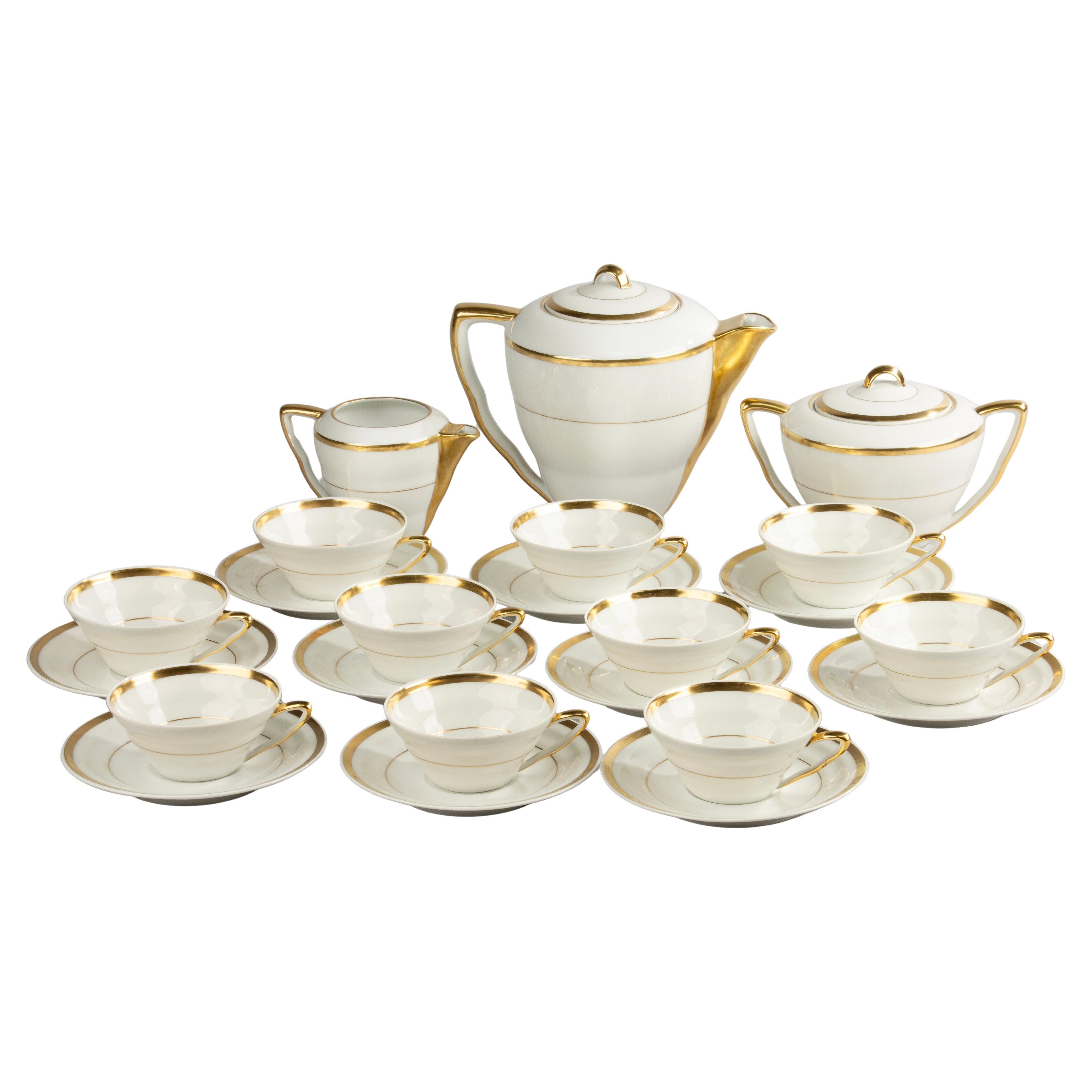 13-Piece Art Deco Tea Set - Limoges Porcelain - White and Gold For Sale