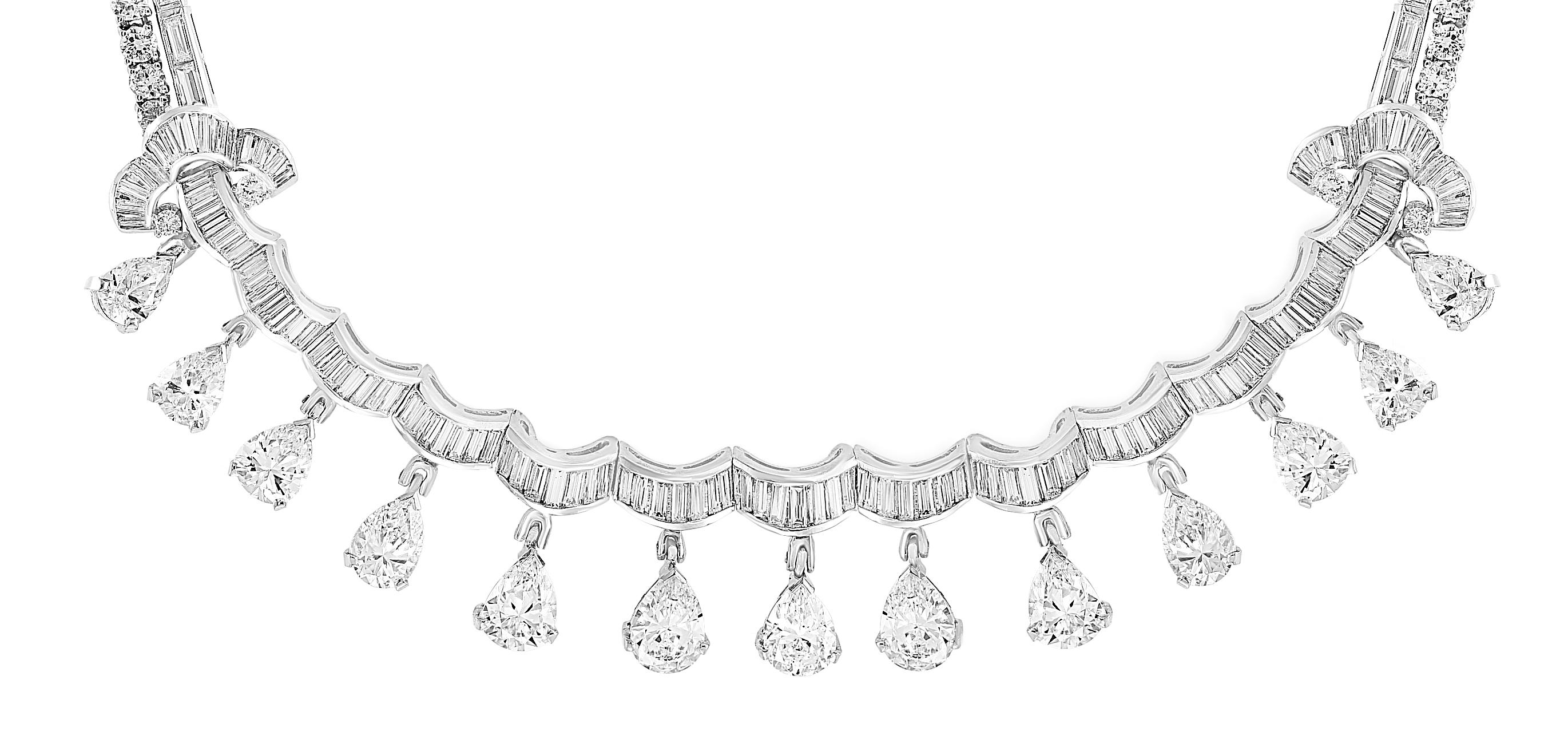 13 Solitaire Pear Shape  35 Carat Diamond Tear Drop Riviere Necklace Platinum  In Excellent Condition In New York, NY