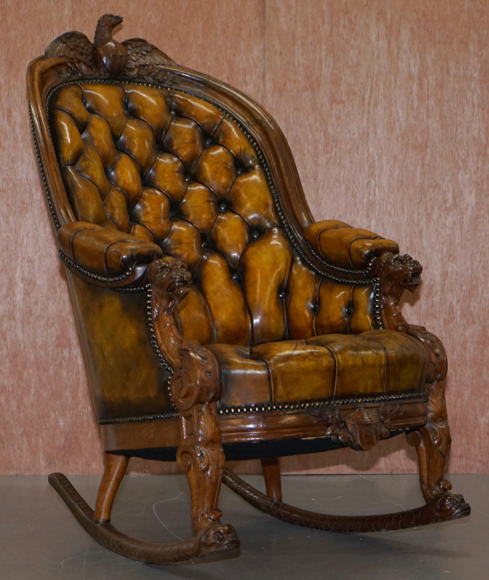 We are delighted to offer for sale this stunning and exceptionally rare original William IV 1830 American Eagle carved with 13 star flag rocking armchair with Chesterfield tufted leather

Where to begin! The only one of its kind in the world, I’ve