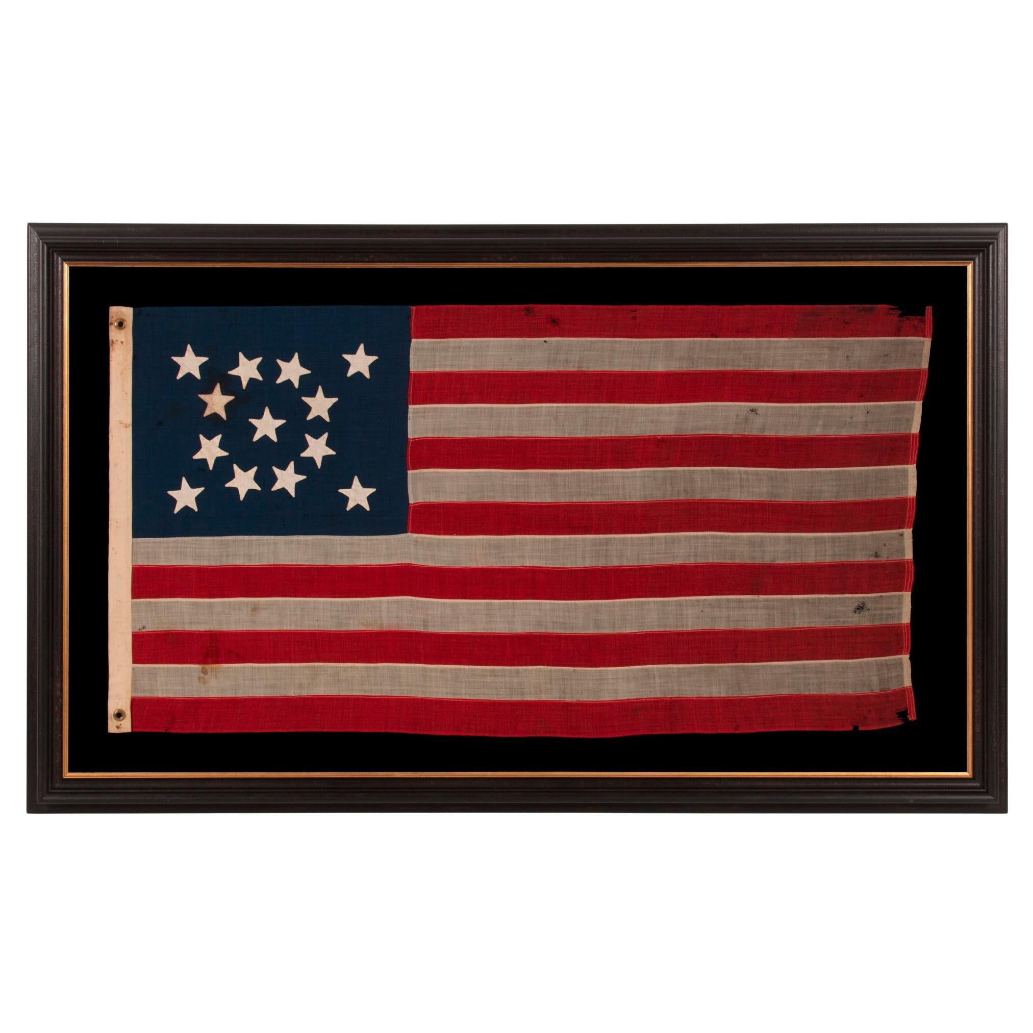 13 Star Antique American Flag , Hand-Sewn Stars in a Medallion, 1876 Centennial