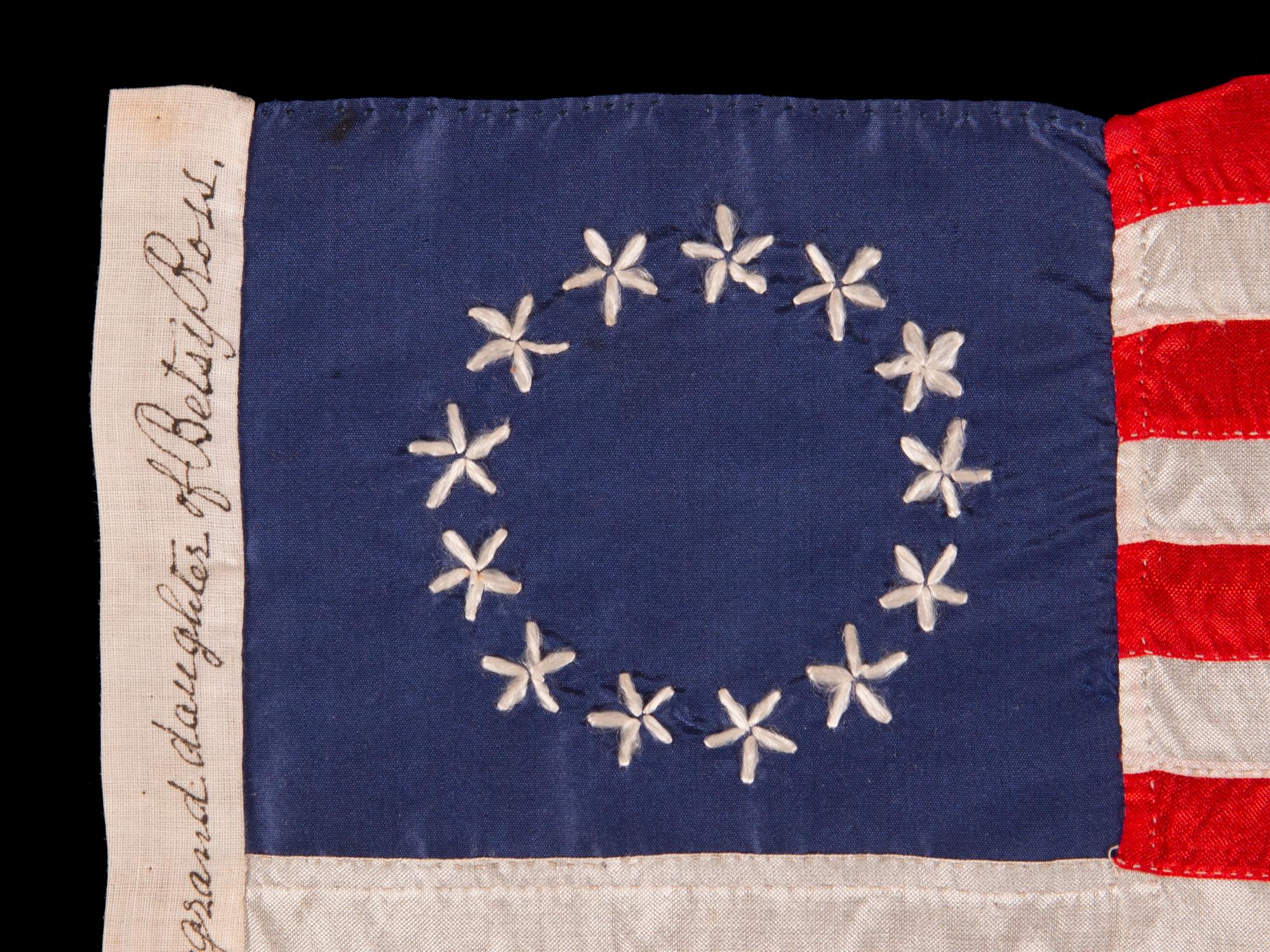 13 Hand-embroidered Stars And Expertly Hand-sewn Stripes On An Antique American Flag Made In Philadelphia By Sarah M. Wilson, Great-granddaughter Of Betsy Ross, Signed & Dated 1911

13 star American national flag, entirely hand-sewn by Sarah M.