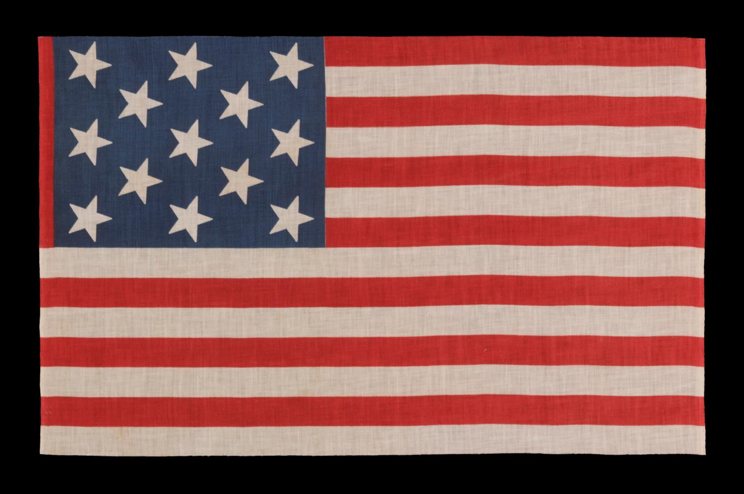 13 Star Parade Flag in a 3-2-3-2-3 Pattern, Made circa 1876-1898, Unusually Large and with an Unusual Star Pattern Among its Counterparts of the 19th Century.

13 star American national parade flag, printed on cotton, made sometime in the period