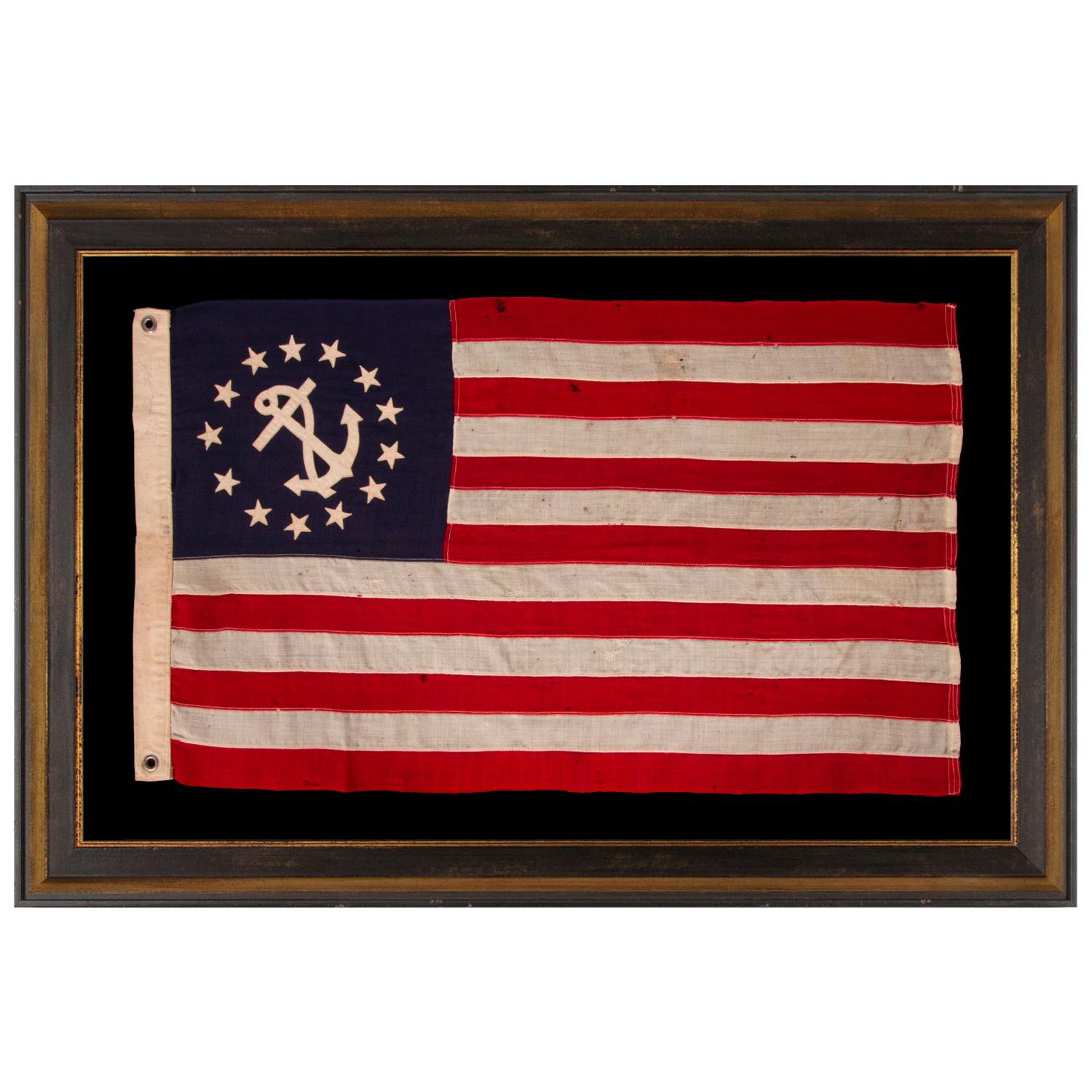 13 Star Private Yacht Flag 'Ensign' Surrounding a Canted Anchor, circa 1905-1920