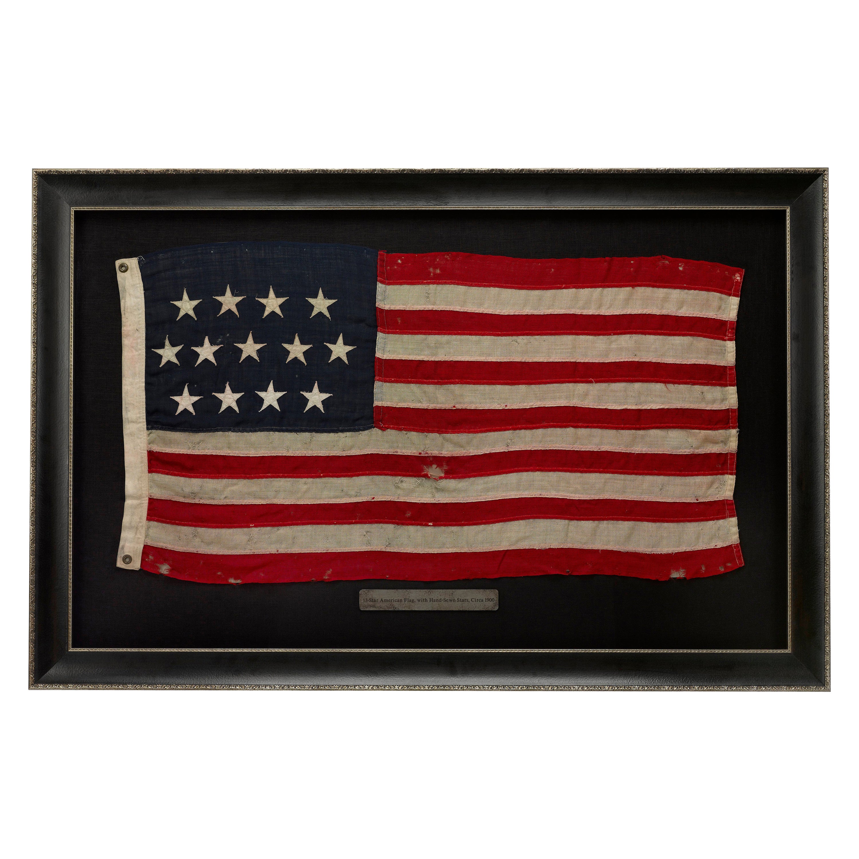 Drapeau américain en laine à 13 étoiles, avec étoiles cousues à la main, Circa 1900