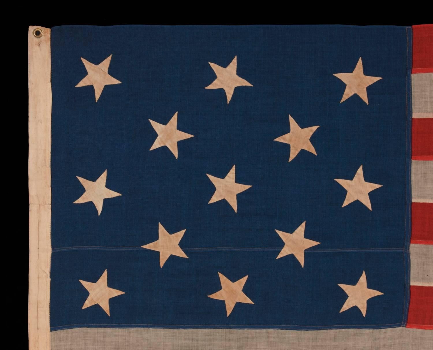 13 Stars Hand-Sewn Antique American Flag, with Stars in a 3-2-3-2-3 Pattern In Good Condition In York County, PA