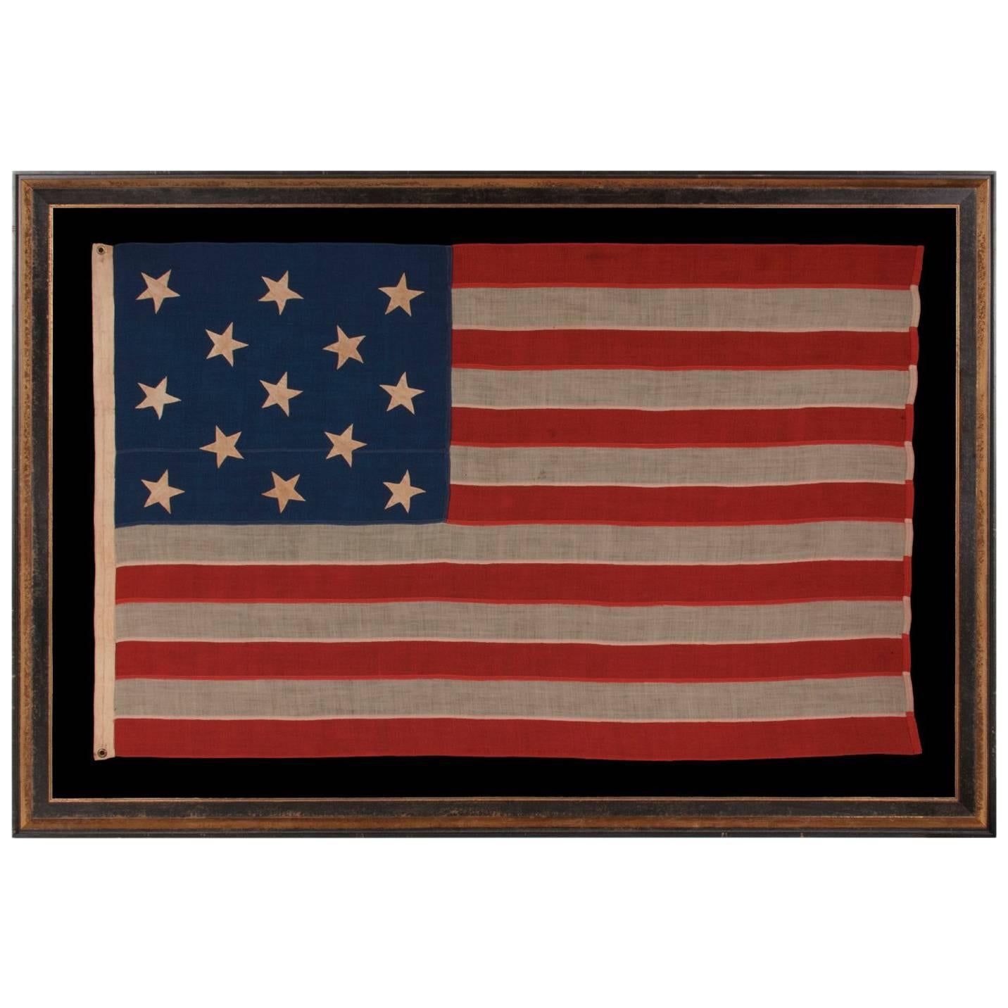 13 Stars Hand-Sewn Antique American Flag, with Stars in a 3-2-3-2-3 Pattern