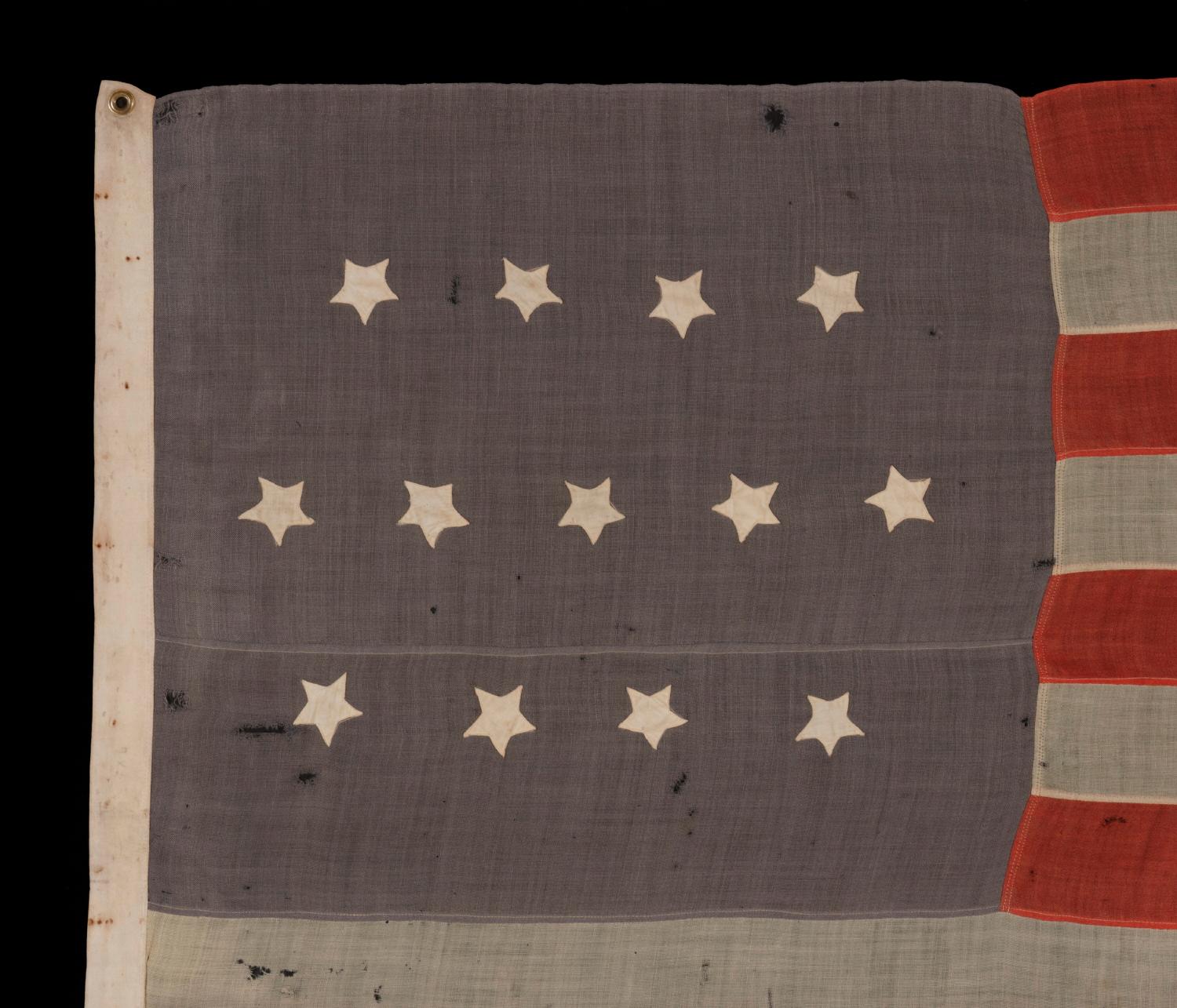 13 Stars In A 4-5-4 Pattern On Dusty Blue-grey Canton, On An Antique American Flag Made During The Last Decade Of The 19th Century, Ca 1890-1895:

13 star American national flag, made approximately at the opening of the 1890's (ca 1889-1895). The