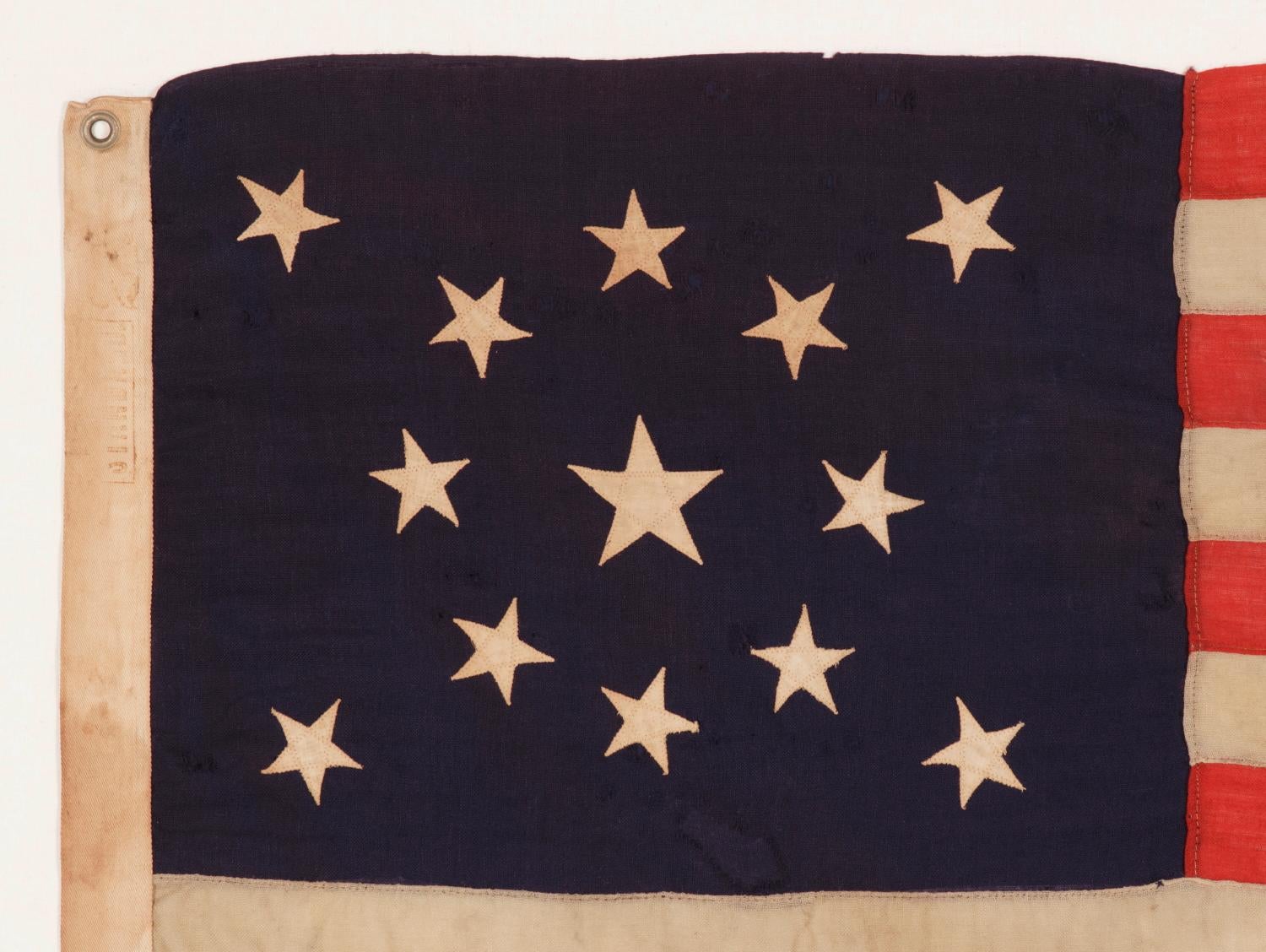 13 Stars in a Medallion Configuration on a Small Scale Antique American Flag In Good Condition In York County, PA