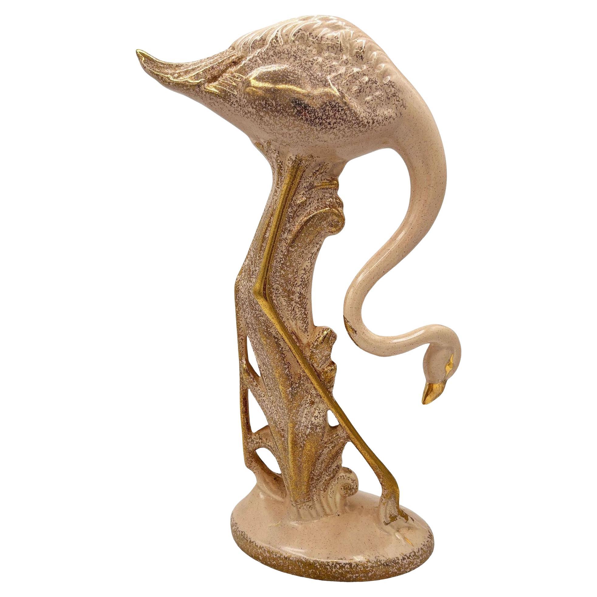 13" Tall Pottery Ceramic Beige Long-legged Flamingo Figurine, 1970 For Sale