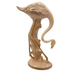 Vintage 13" Tall Pottery Ceramic Beige Long-legged Flamingo Figurine, 1970