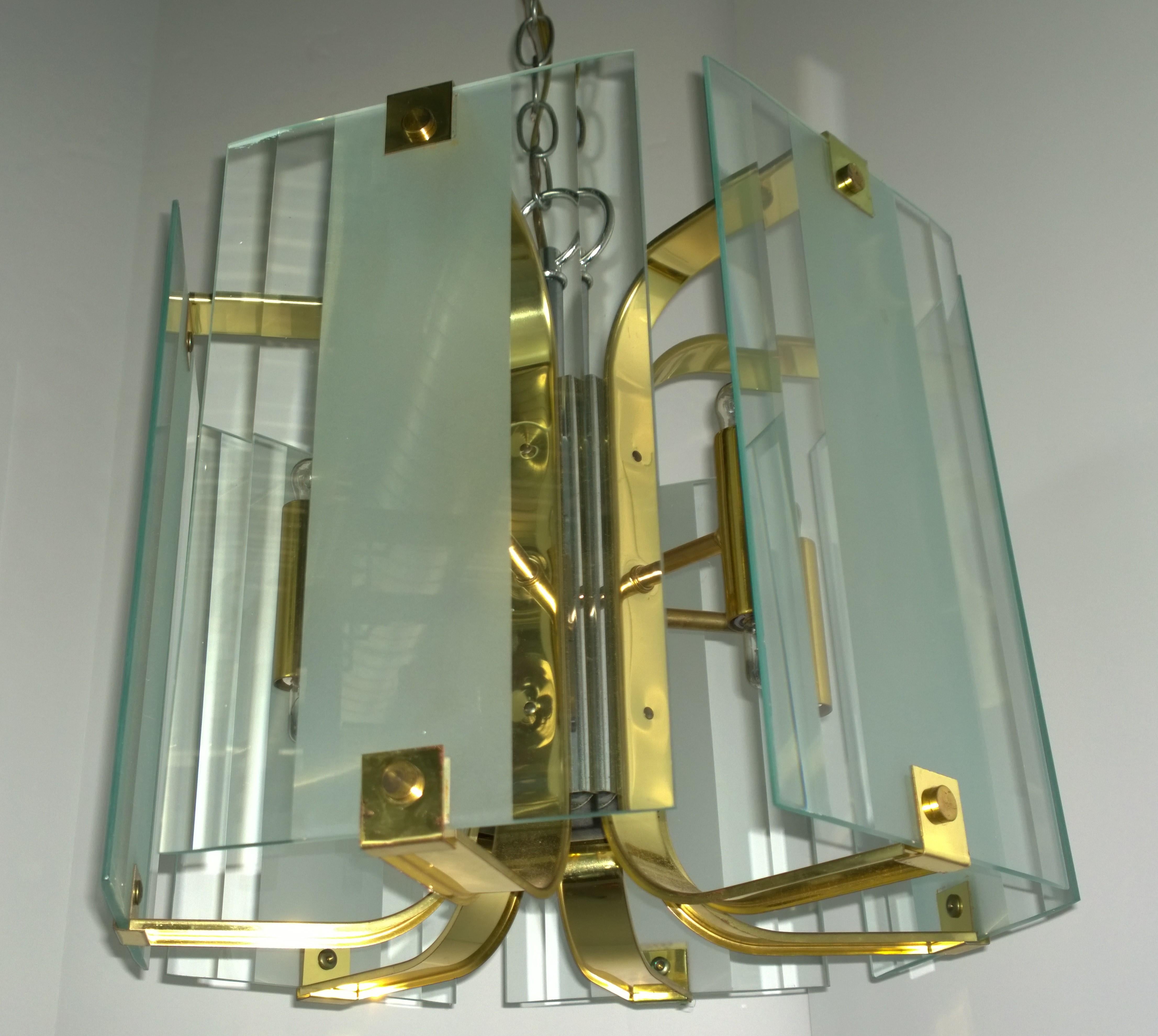 13 Torchiere Clear & Frosted Glass w/ Brass Accents Fredrick Raymond Chandelier For Sale 4