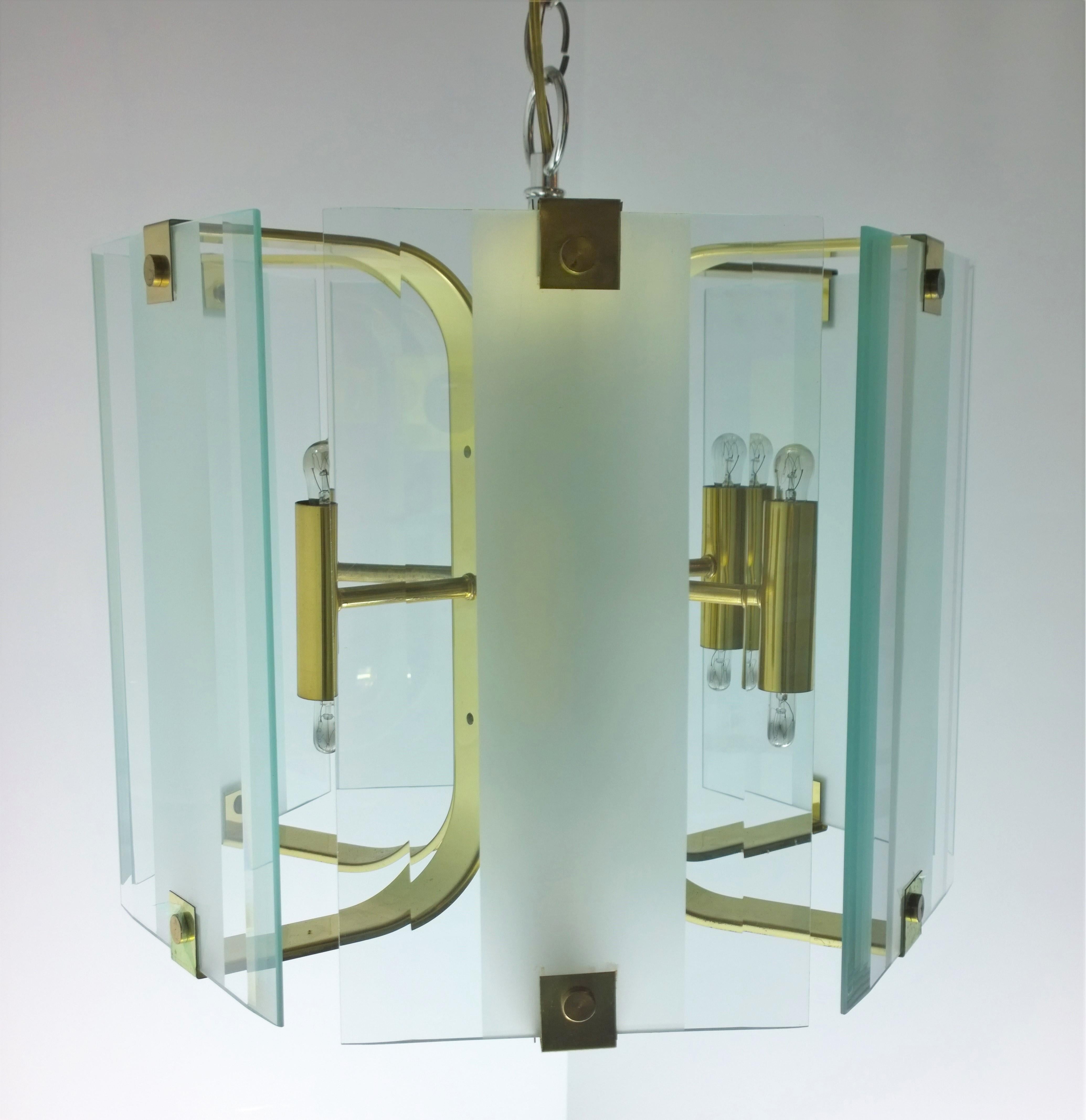 Mid-Century Modern 13 Torchiere Clear & Frosted Glass w/ Brass Accents Fredrick Raymond Chandelier For Sale