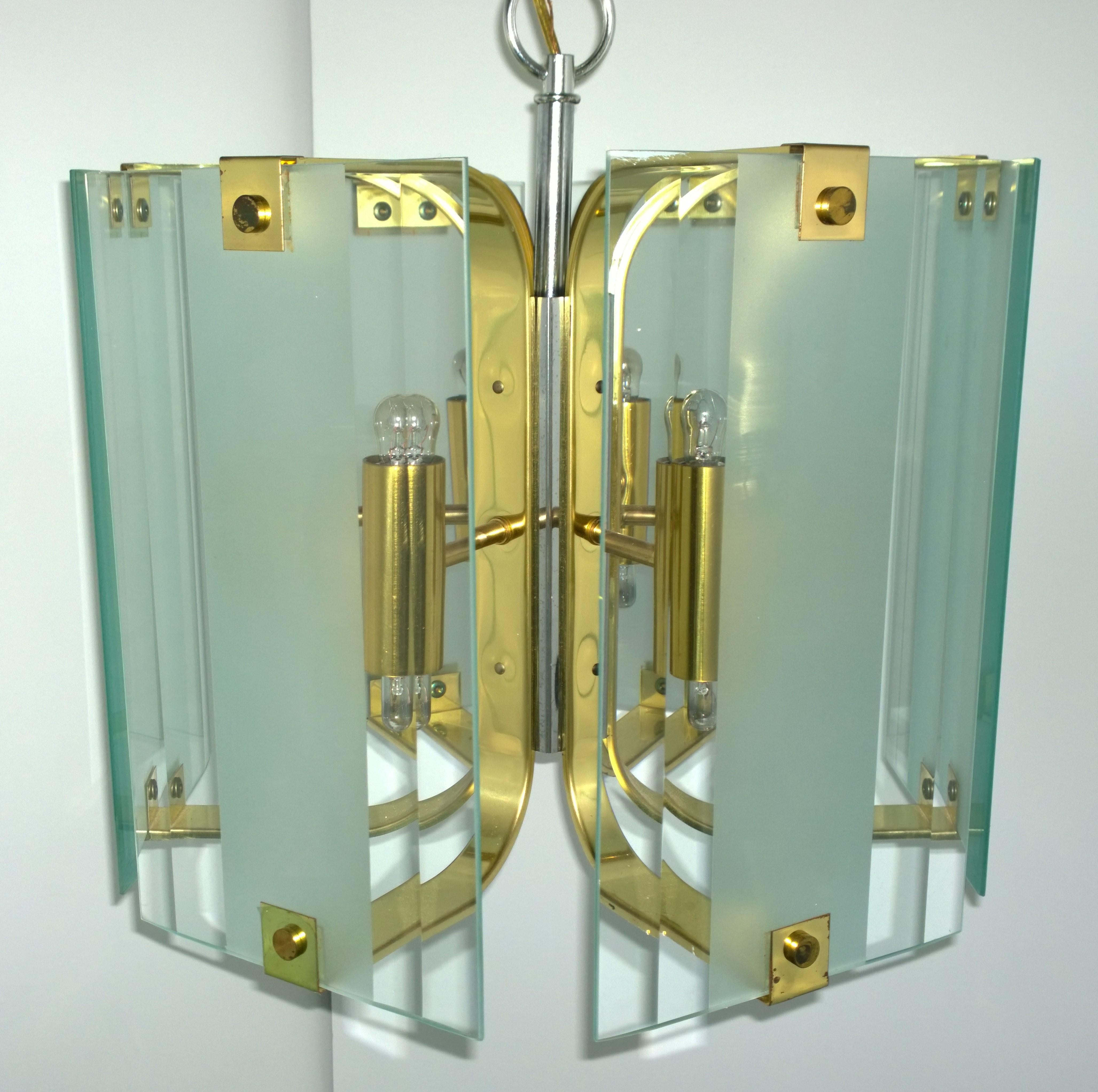 13 Torchiere Clear & Frosted Glass w/ Brass Accents Fredrick Raymond Chandelier For Sale 3