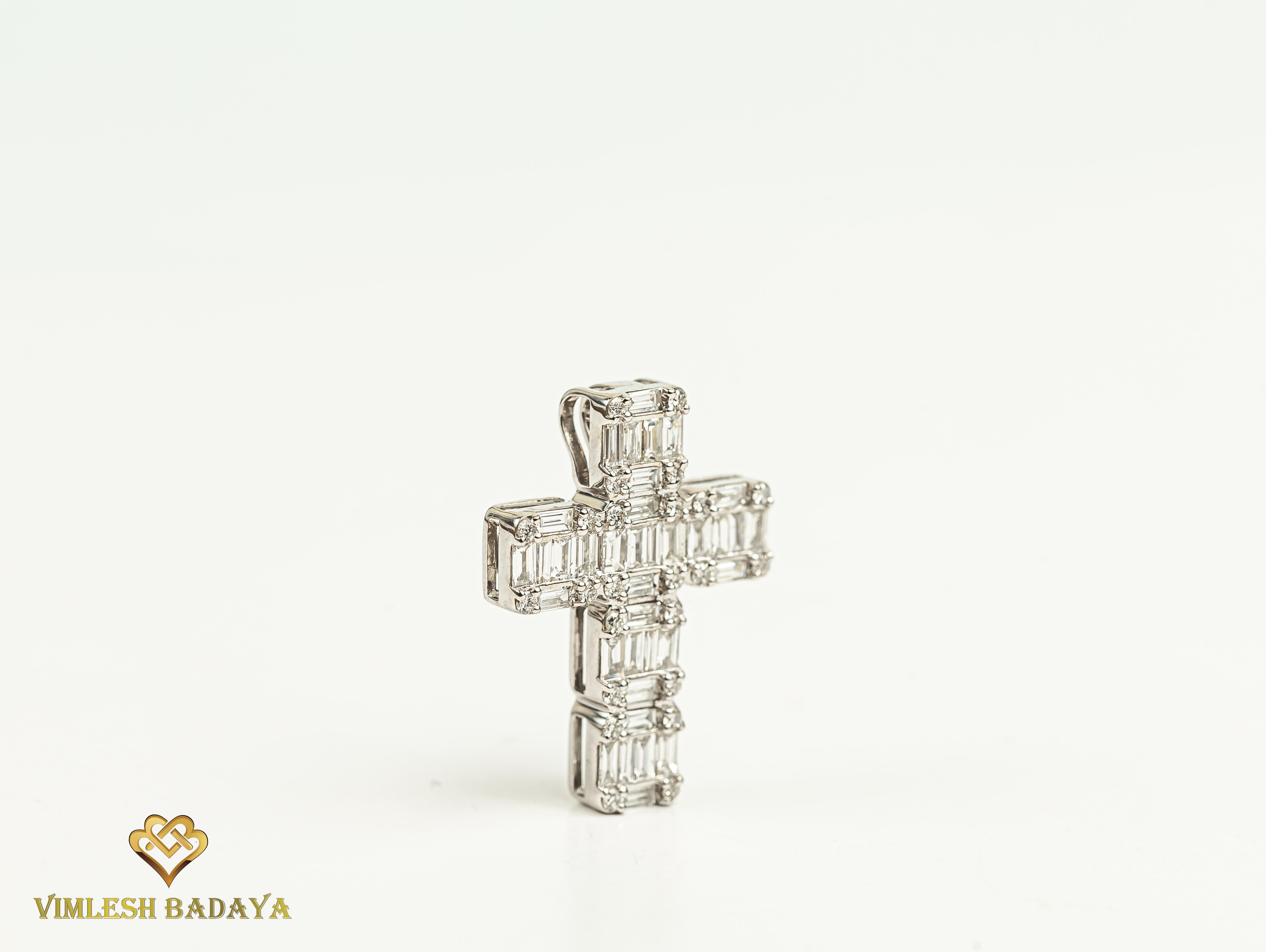 Baguette Cut 1.3 Total Carat Weight Diamond Illusion Setting Religious Cross Pendant For Sale