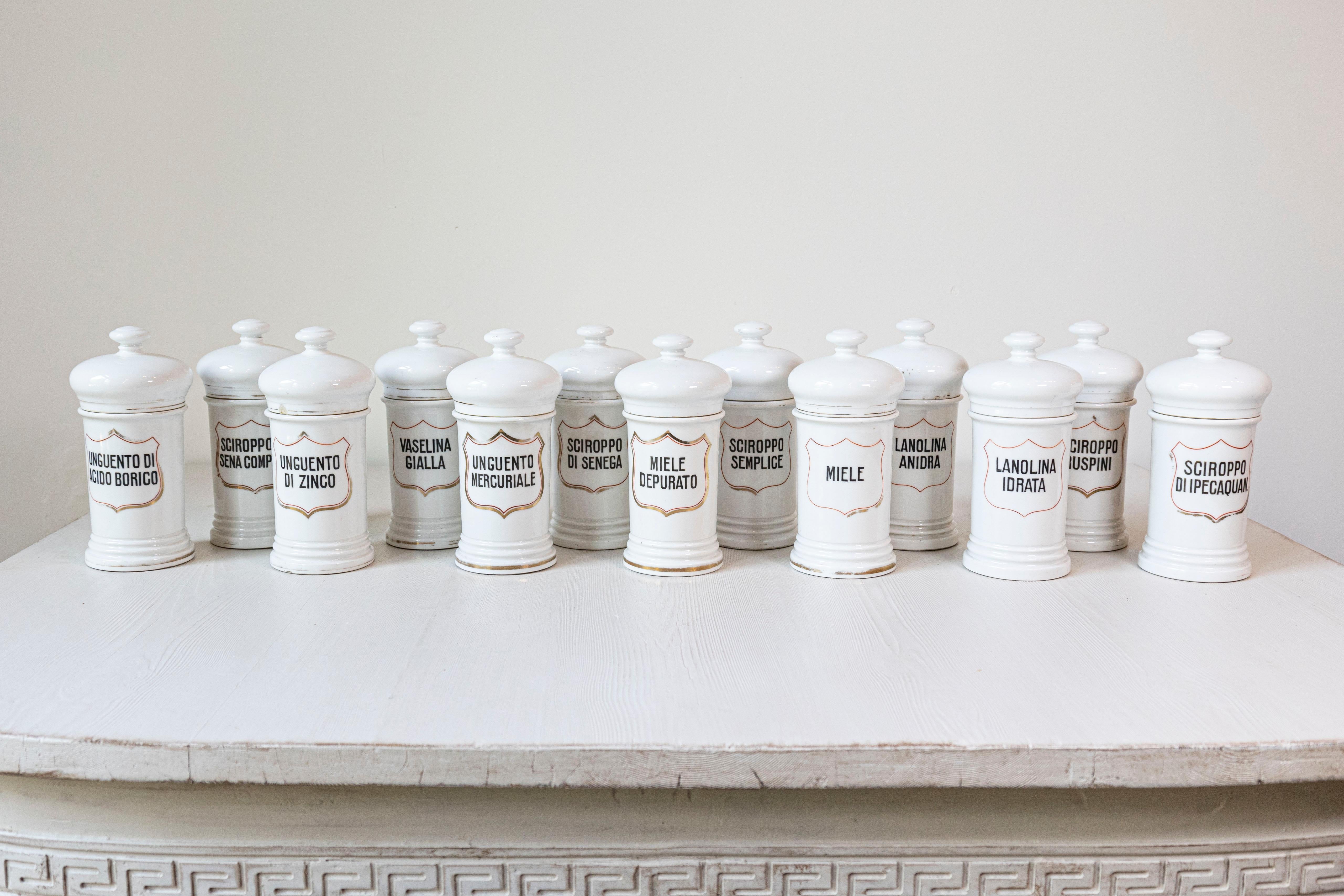 Questo set di 13 barattoli da farmacia in porcellana italiana d'epoca offre uno sguardo alla meticolosa organizzazione degli storici speziali. Ogni vaso è realizzato in porcellana smaltata bianca e presenta una forma cilindrica con coperchio a