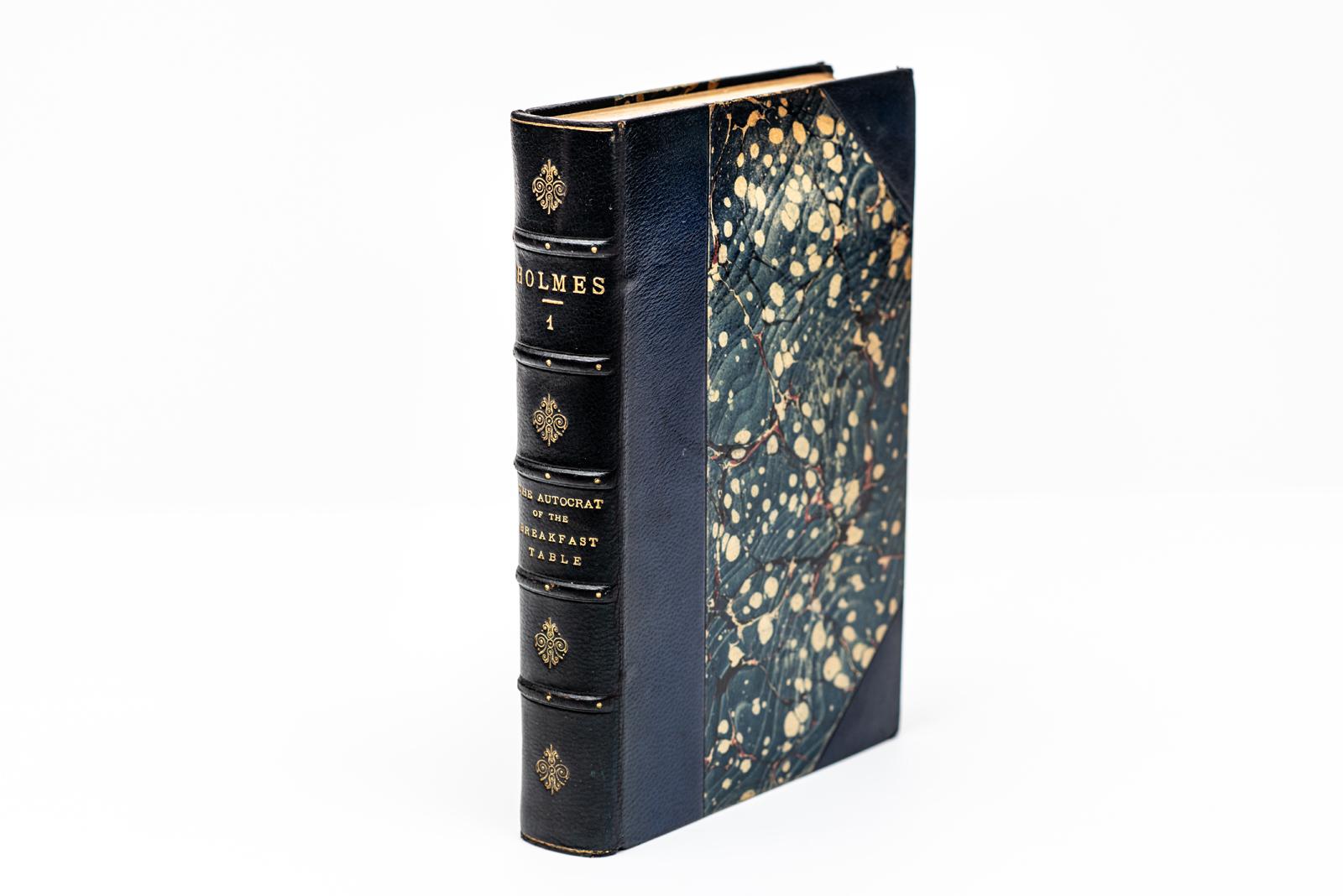13 Volumes. Oliver Wendell Holmes, The Works. Standard Library Edition. Bound in 3/4 blue morocco and marbled boards. The raised band spines display gilt-tooled detailing. The top edges are gilt with marbled endpapers. Illustrated with steel