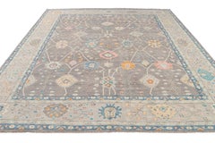 13 x 15 Contemporary Oushak Style Gray Wool Rug Handmade with Floral Design