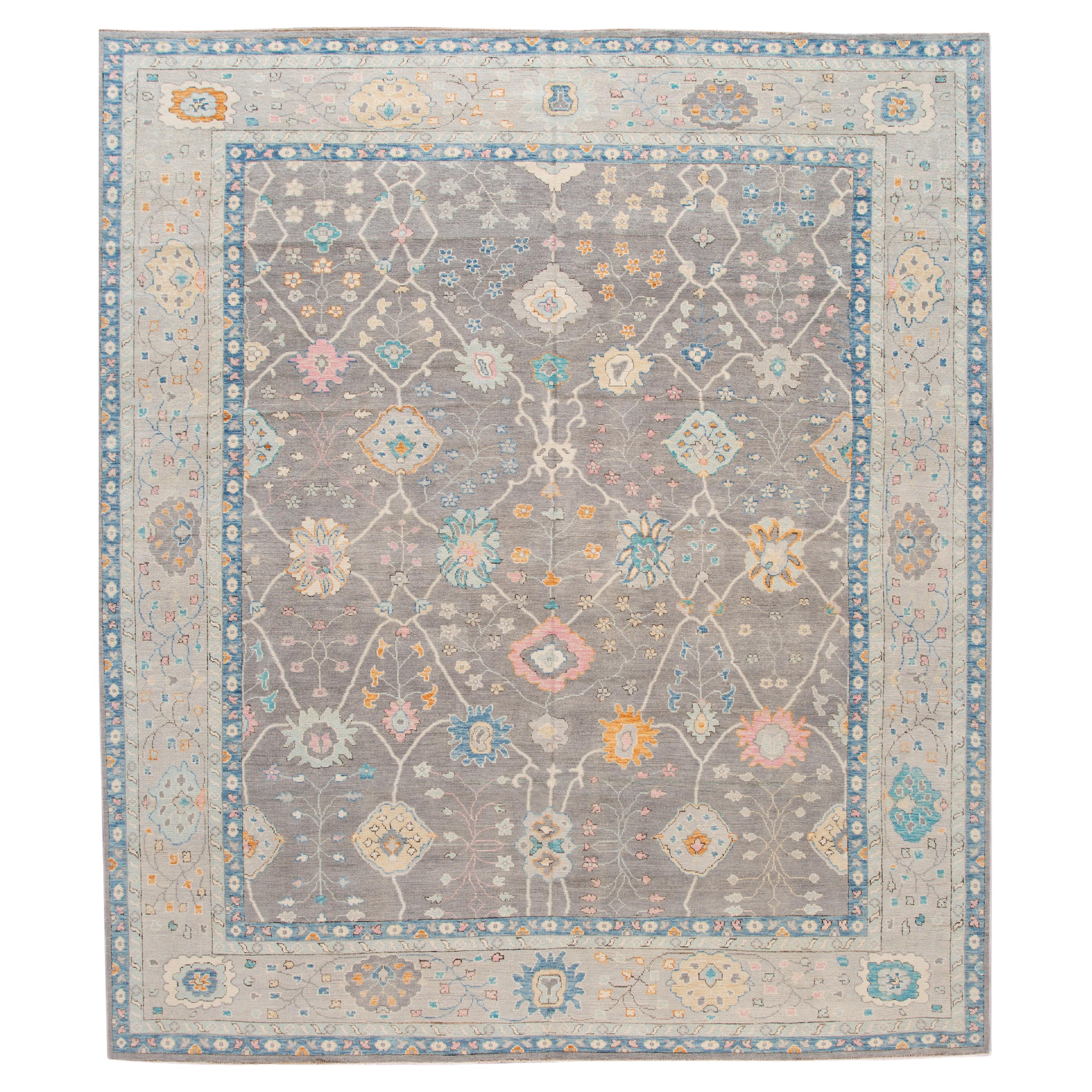 13 x 15 Tappeto contemporaneo in lana grigia in stile Oushak fatto a mano con design floreale in vendita