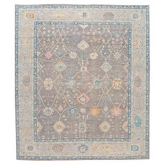 13 x 15 Tappeto contemporaneo in lana grigia in stile Oushak fatto a mano con design floreale