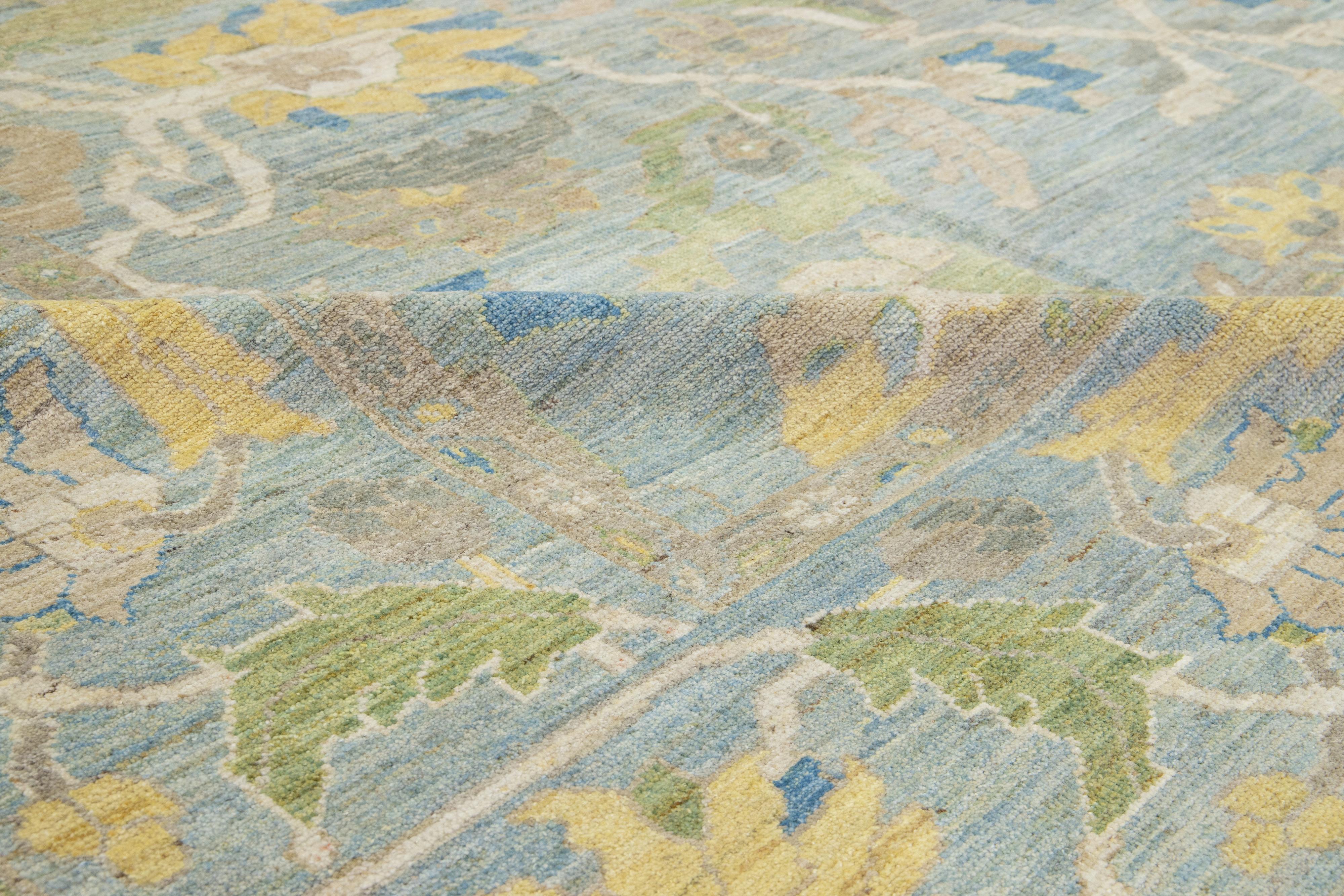 13 x 15 Light Blue Contemporary Sultanabad Floral Wool Rug By Apadana For Sale 5